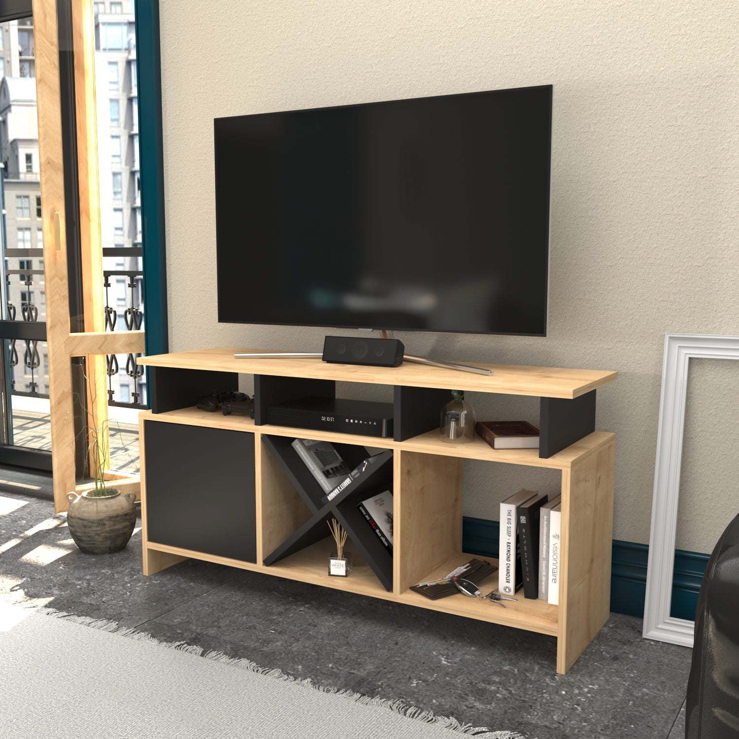 Móvel de TV elegante, carvalho e antracite, 120 x 29,9 x 60,6 cm | Painel de partículas 100% revestido de melamina, 18 mm de espessura | Design moderno para salas de estar e espaços de entretenimento