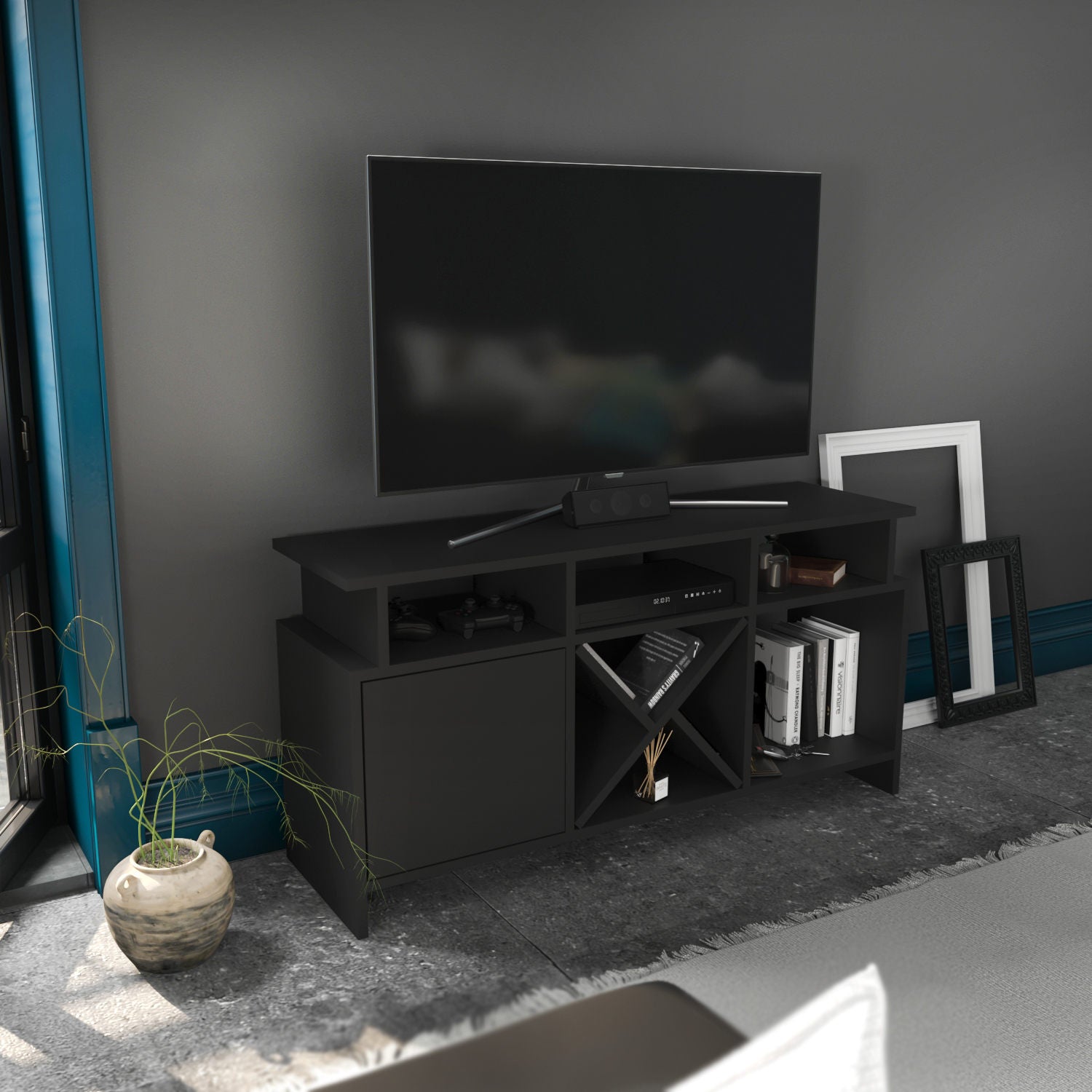 Móvel de TV elegante, antracite, 120 x 29,9 x 60,6 cm | Painel de partículas 100% revestido de melamina, 18 mm de espessura | Design moderno para salas de estar e espaços de entretenimento