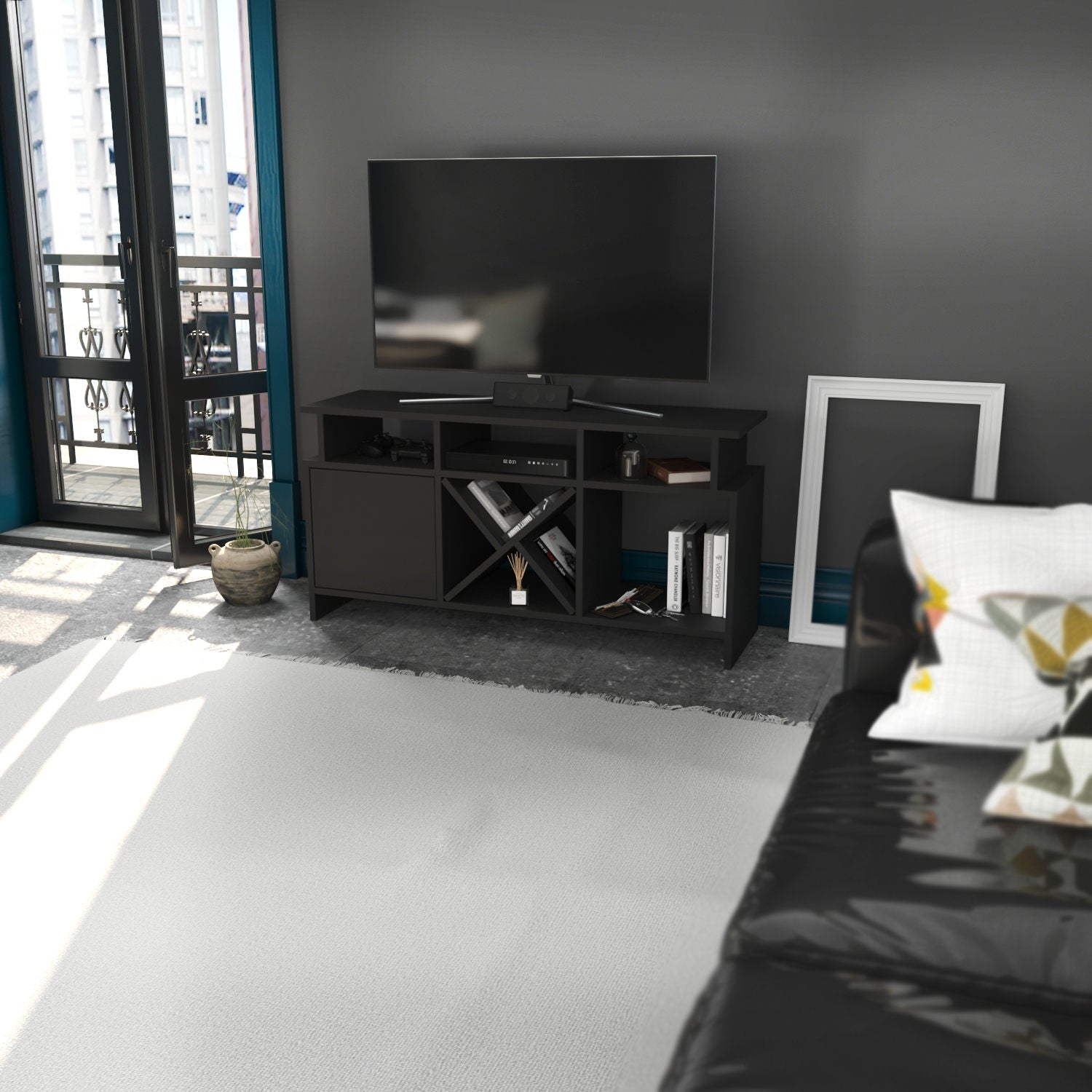 Móvel de TV elegante, antracite, 120 x 29,9 x 60,6 cm | Painel de partículas 100% revestido de melamina, 18 mm de espessura | Design moderno para salas de estar e espaços de entretenimento