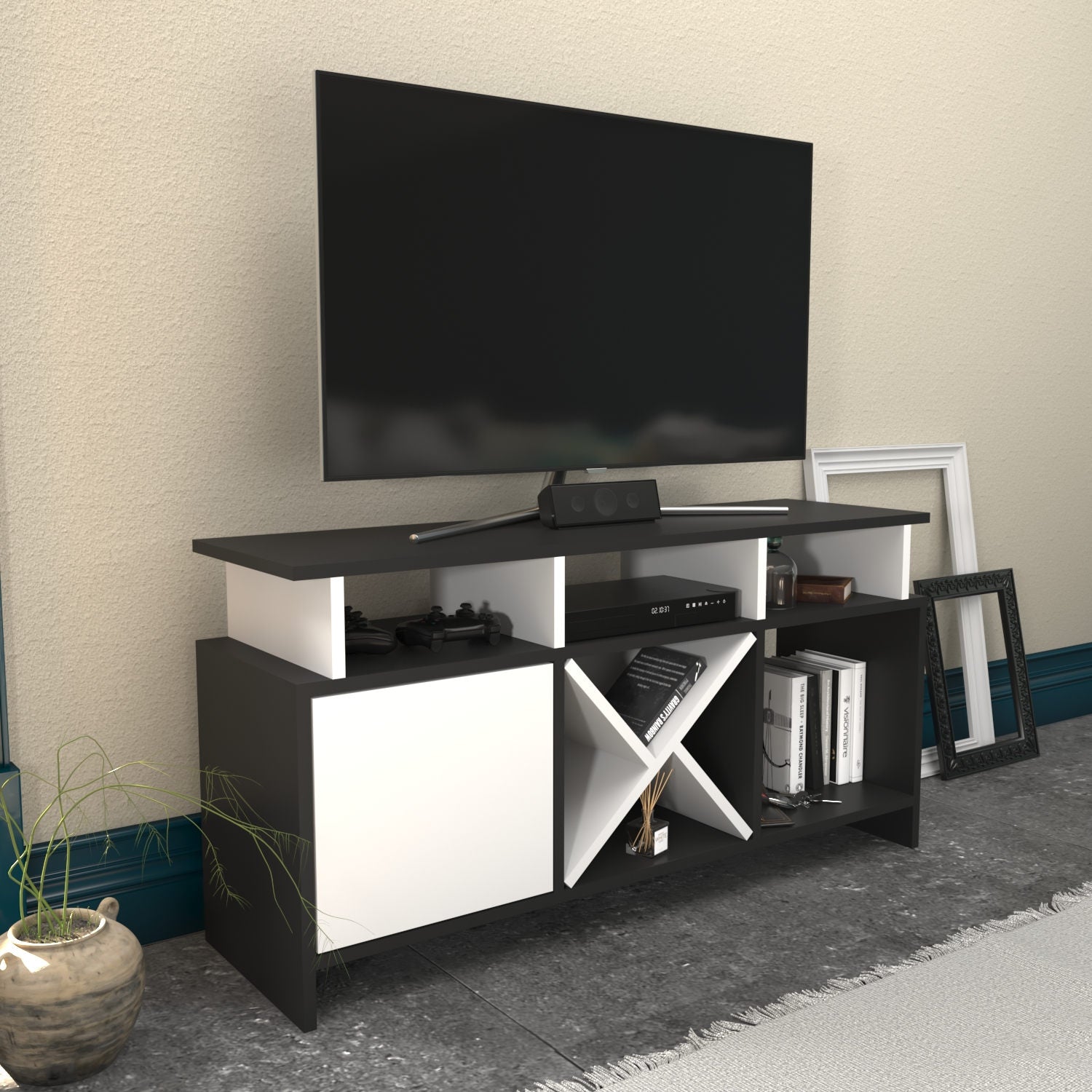 Móvel de TV elegante, antracite e branco, 120 x 29,9 x 60,6 cm | Painel de partículas 100% revestido de melamina, 18 mm de espessura | Design moderno para salas de estar e espaços de entretenimento