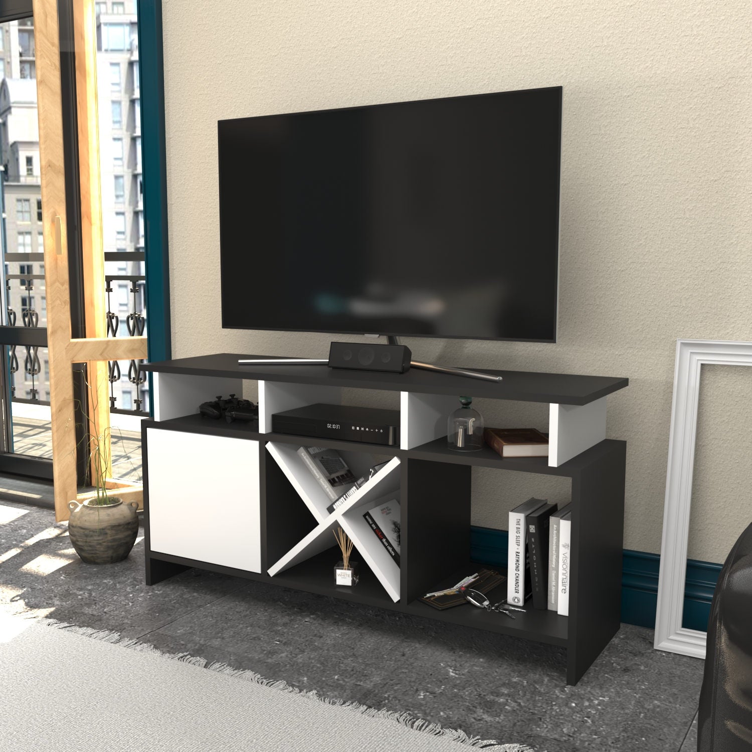 Móvel de TV elegante, antracite e branco, 120 x 29,9 x 60,6 cm | Painel de partículas 100% revestido de melamina, 18 mm de espessura | Design moderno para salas de estar e espaços de entretenimento