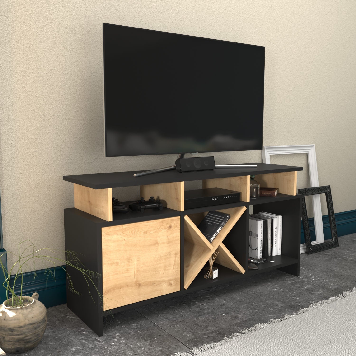 Móvel de TV elegante, antracite e carvalho, 120 x 29,9 x 60,6 cm | Painel de partículas 100% revestido de melamina, 18 mm de espessura | Design moderno para salas de estar e espaços de entretenimento