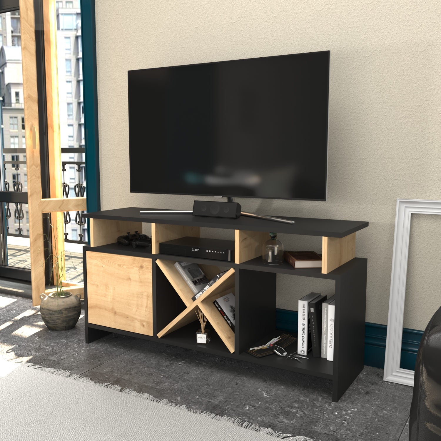 Móvel de TV elegante, antracite e carvalho, 120 x 29,9 x 60,6 cm | Painel de partículas 100% revestido de melamina, 18 mm de espessura | Design moderno para salas de estar e espaços de entretenimento