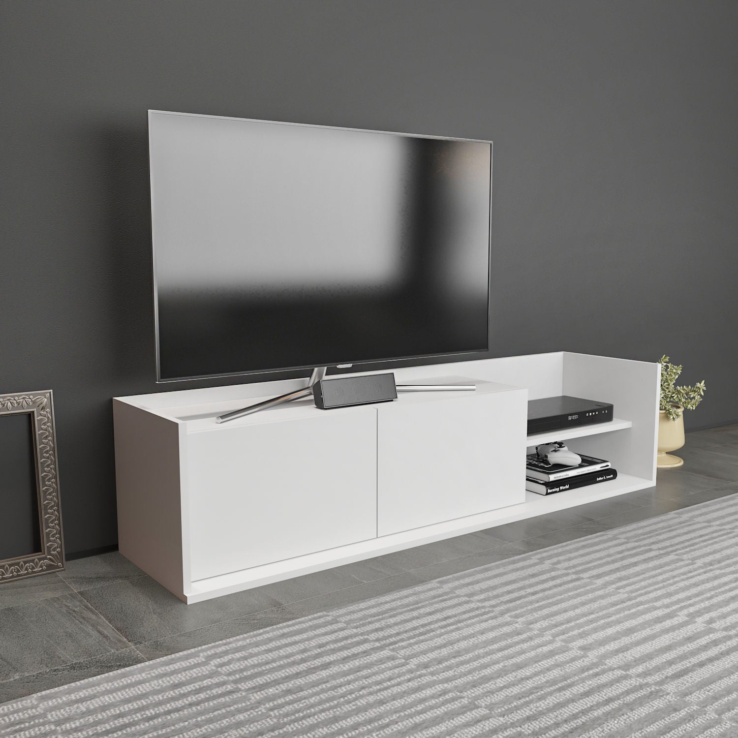 Móvel de TV escandinavo, branco, 160 x 35 x 36,8 cm | Painel de partículas 100% revestido em melamina, 18 mm de espessura | Elegante e funcional para salas de estar modernas