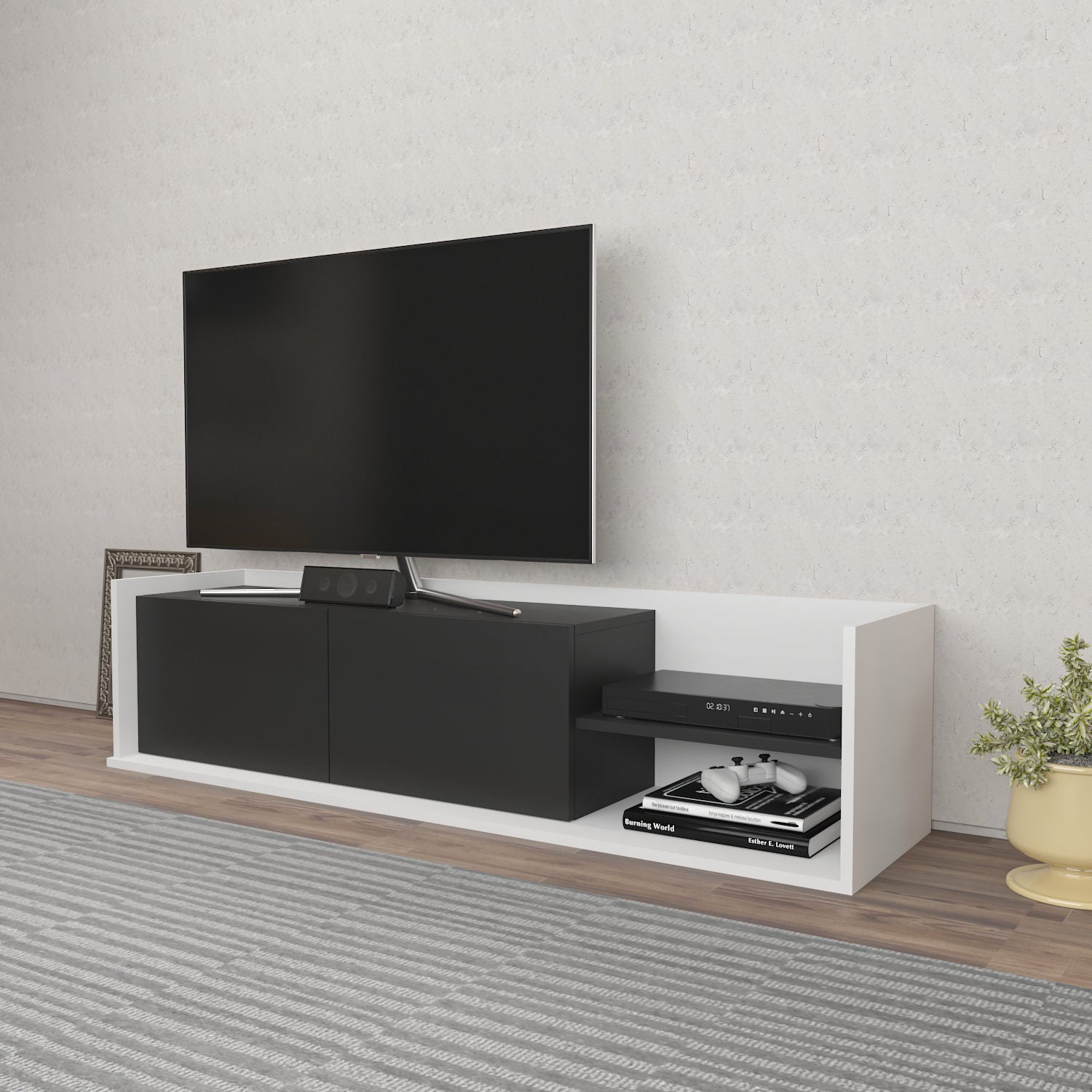 Móvel de TV elegante, 160 cm, branco e antracite | Painel de partículas 100% revestido de melamina, 18 mm de espessura | Design moderno para salas de estar e espaços de entretenimento
