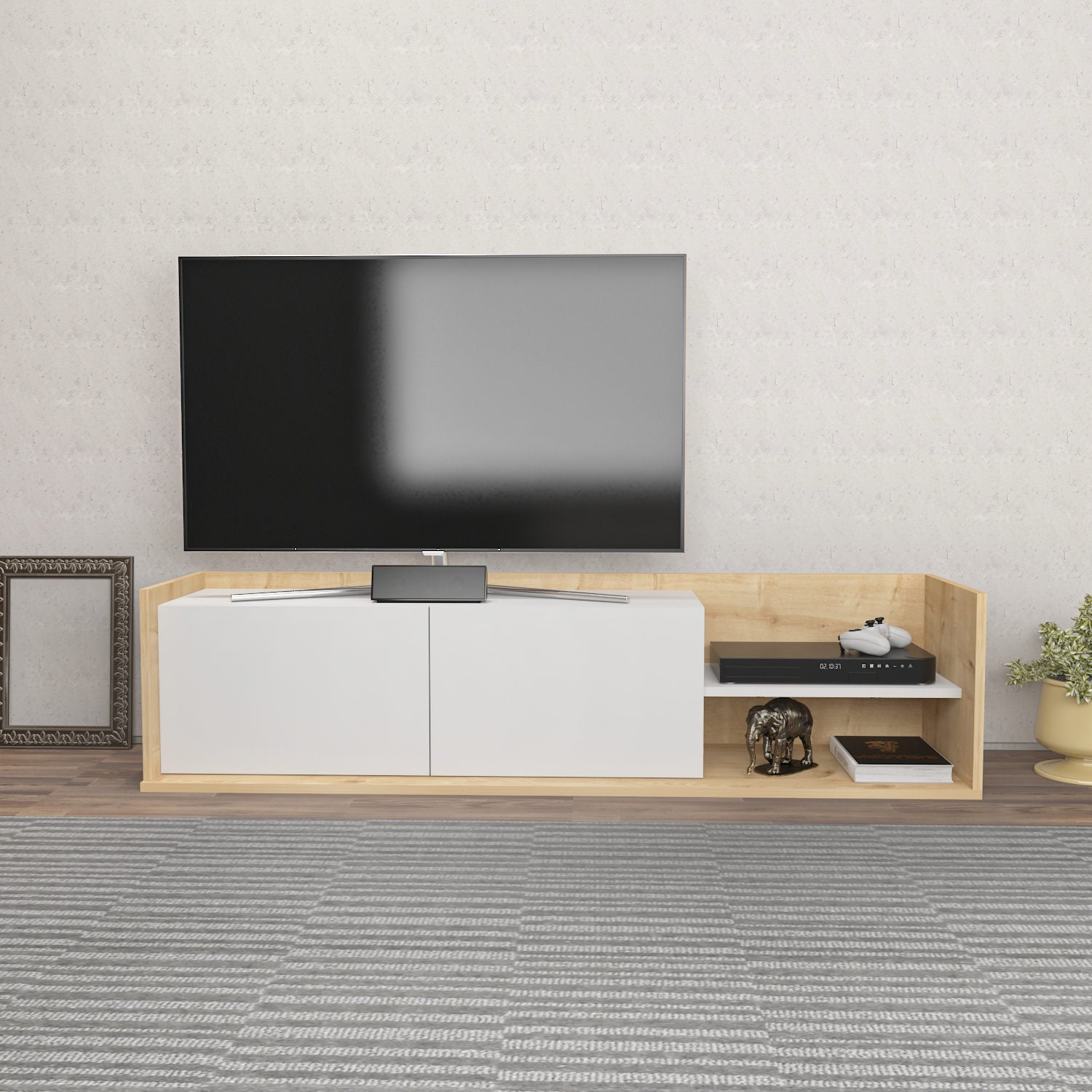 Móvel de TV escandinavo, carvalho e branco, 160 cm x 35 cm x 36,8 cm | Painel de partículas 100% revestido de melamina, 18 mm de espessura | Design elegante e funcional para salas de estar modernas