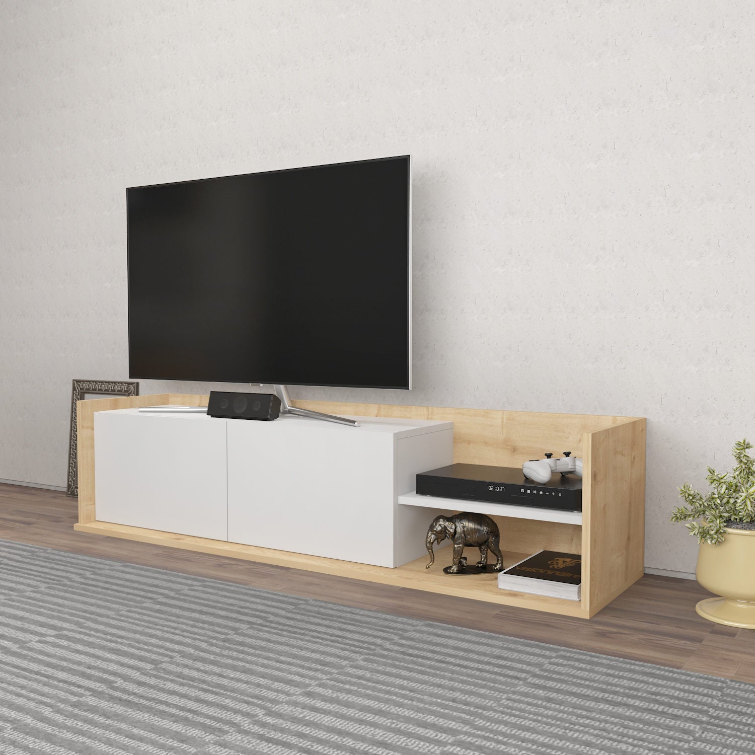 Móvel de TV escandinavo, carvalho e branco, 160 cm x 35 cm x 36,8 cm | Painel de partículas 100% revestido de melamina, 18 mm de espessura | Design elegante e funcional para salas de estar modernas