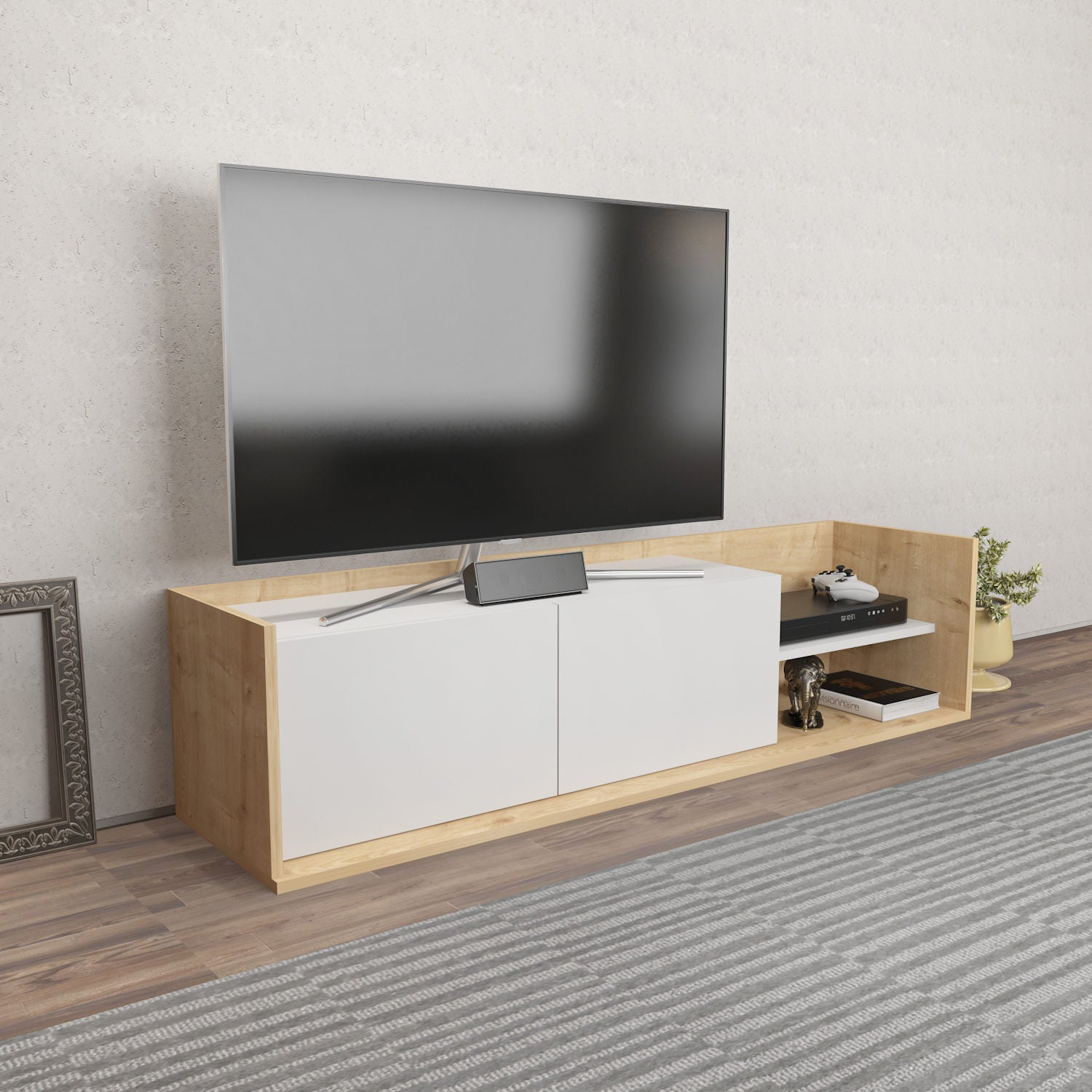 Móvel de TV escandinavo, carvalho e branco, 160 cm x 35 cm x 36,8 cm | Painel de partículas 100% revestido de melamina, 18 mm de espessura | Design elegante e funcional para salas de estar modernas
