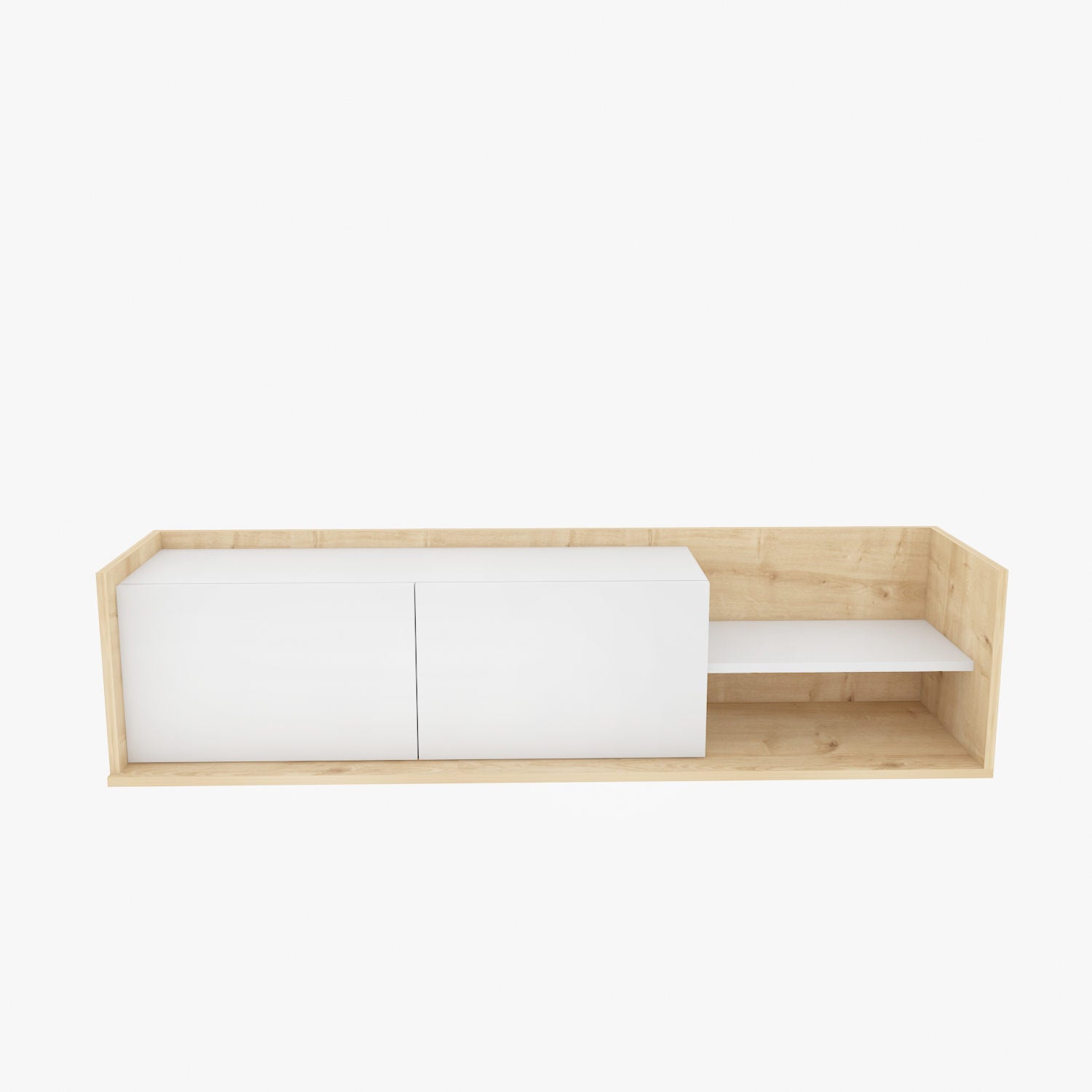 Móvel de TV escandinavo, carvalho e branco, 160 cm x 35 cm x 36,8 cm | Painel de partículas 100% revestido de melamina, 18 mm de espessura | Design elegante e funcional para salas de estar modernas