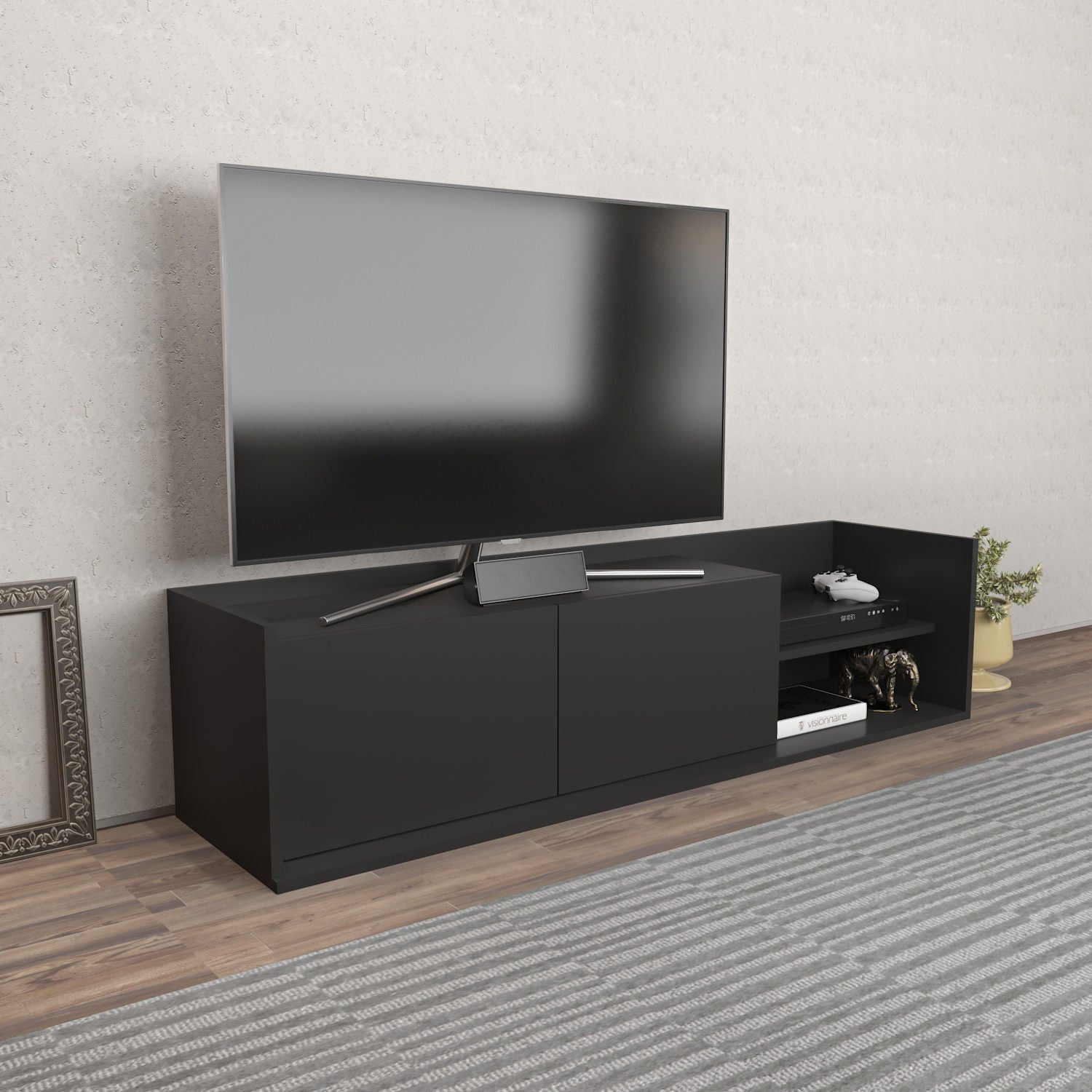 Móvel de TV escandinavo, antracite, 160 x 35 x 36,8 cm | Painel de partículas 100% revestido de melamina, 18 mm de espessura | Elegante e funcional para salas de estar modernas