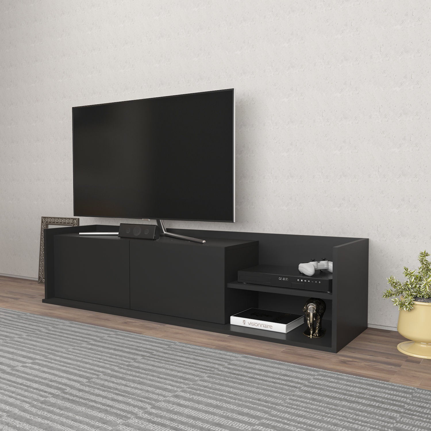 Móvel de TV escandinavo, antracite, 160 x 35 x 36,8 cm | Painel de partículas 100% revestido de melamina, 18 mm de espessura | Elegante e funcional para salas de estar modernas