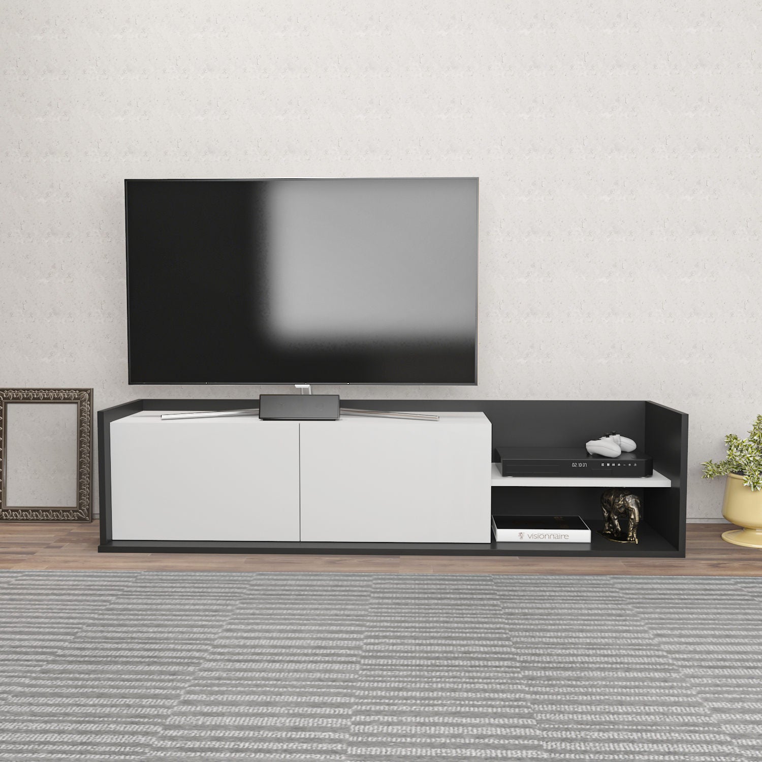 Móvel de TV elegante, antracite e branco, 160 x 35 x 36,8 cm | Painel de partículas 100% revestido de melamina, 18 mm de espessura | Design moderno para salas de estar e espaços de entretenimento