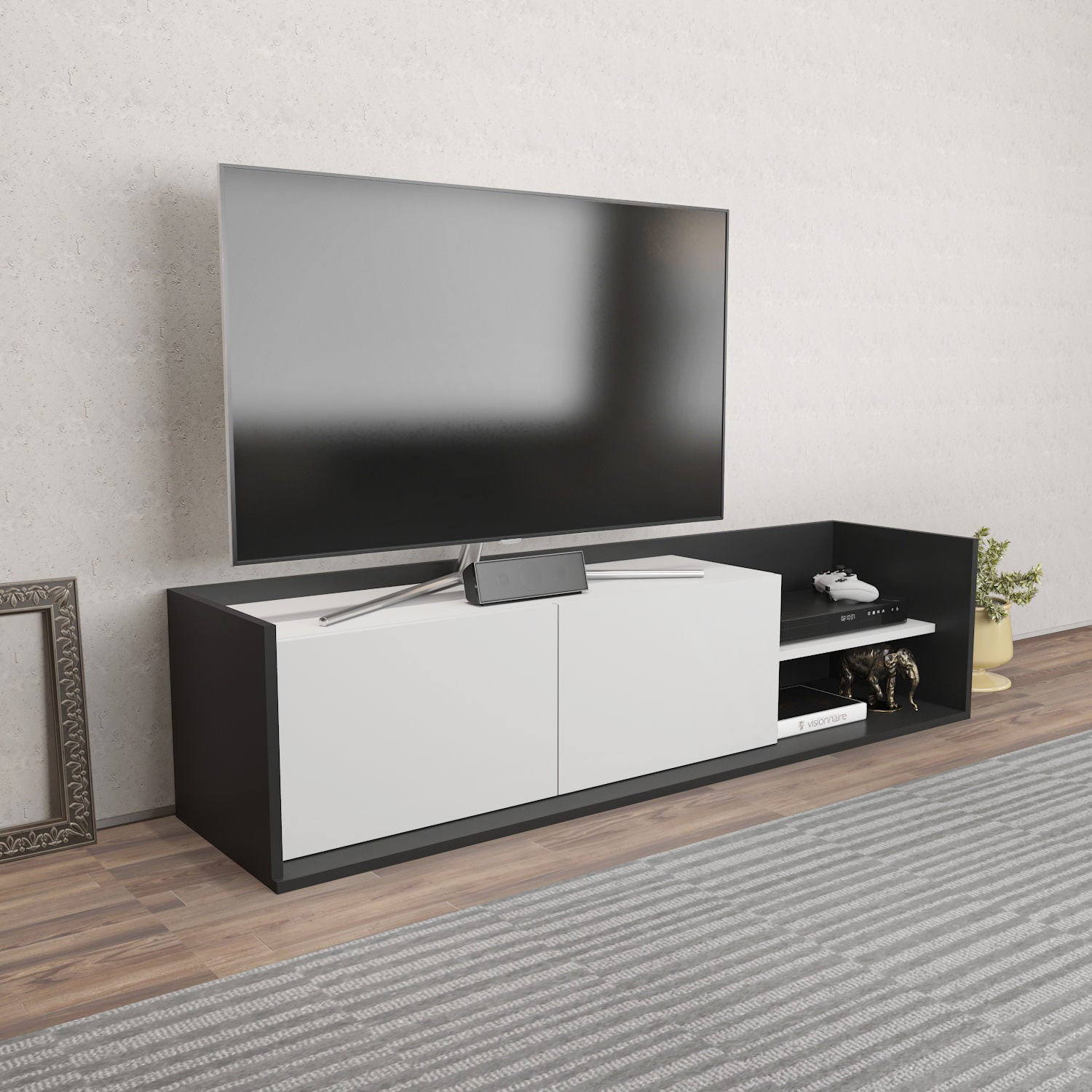 Móvel de TV elegante, antracite e branco, 160 x 35 x 36,8 cm | Painel de partículas 100% revestido de melamina, 18 mm de espessura | Design moderno para salas de estar e espaços de entretenimento