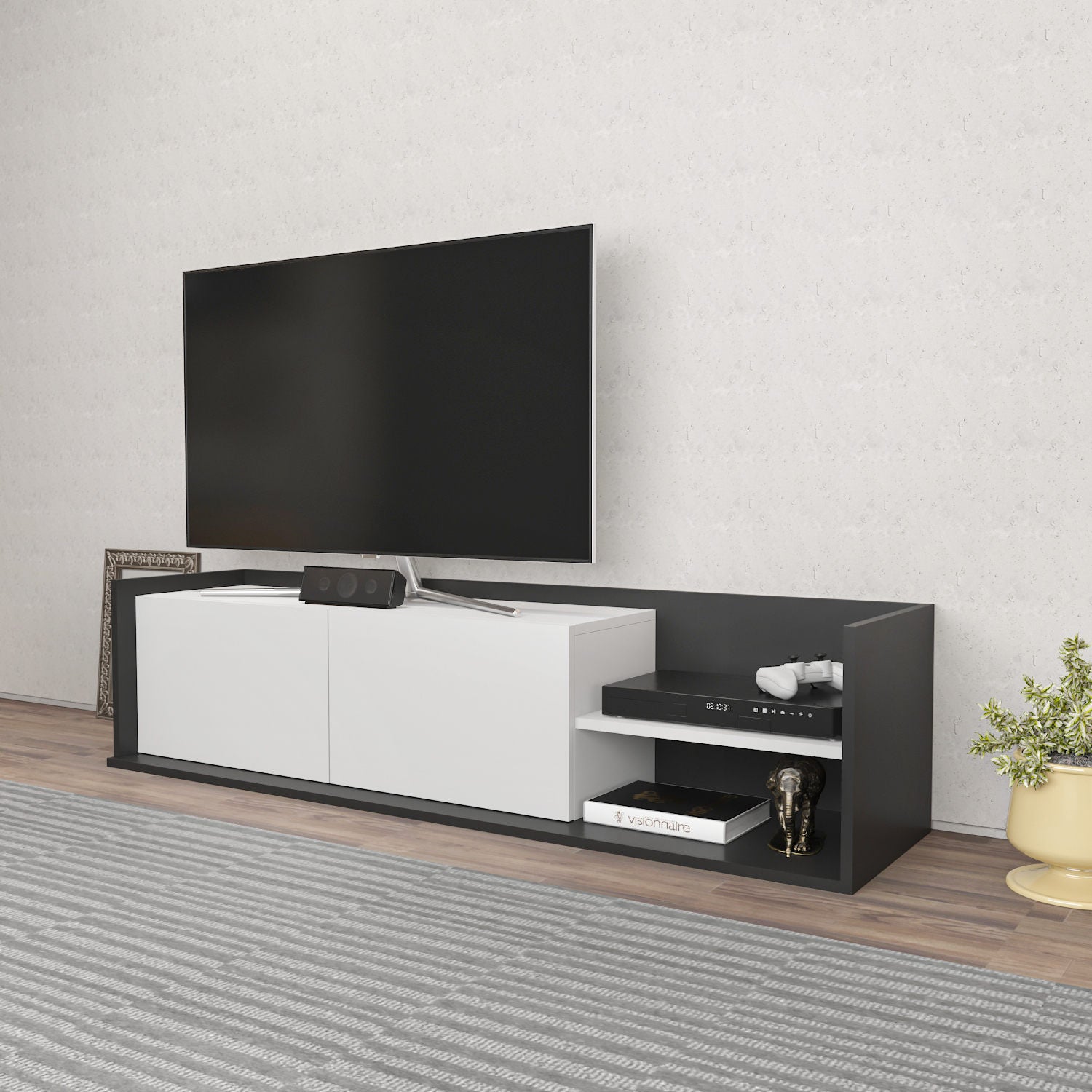 Móvel de TV elegante, antracite e branco, 160 x 35 x 36,8 cm | Painel de partículas 100% revestido de melamina, 18 mm de espessura | Design moderno para salas de estar e espaços de entretenimento