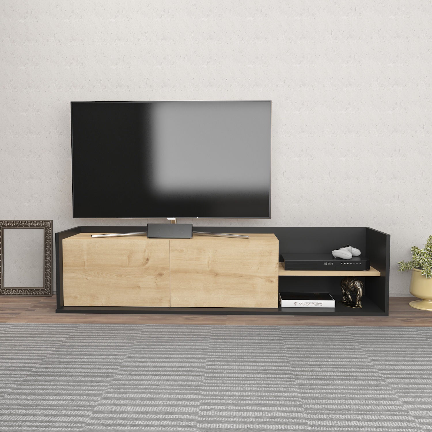 Móvel de TV elegante, antracite e carvalho, 160 x 35 x 36,8 cm | Painel de partículas 100% revestido de melamina, 18 mm de espessura | Design moderno para salas de estar e espaços de entretenimento