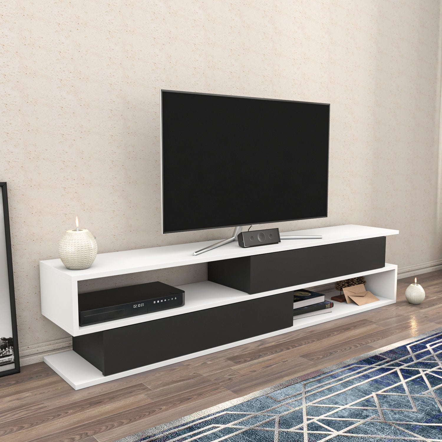 Móvel de TV elegante, 160 cm de largura, branco e antracite | Painel de partículas 100% revestido de melamina, 18 mm de espessura | Design moderno para salas de estar e espaços de entretenimento