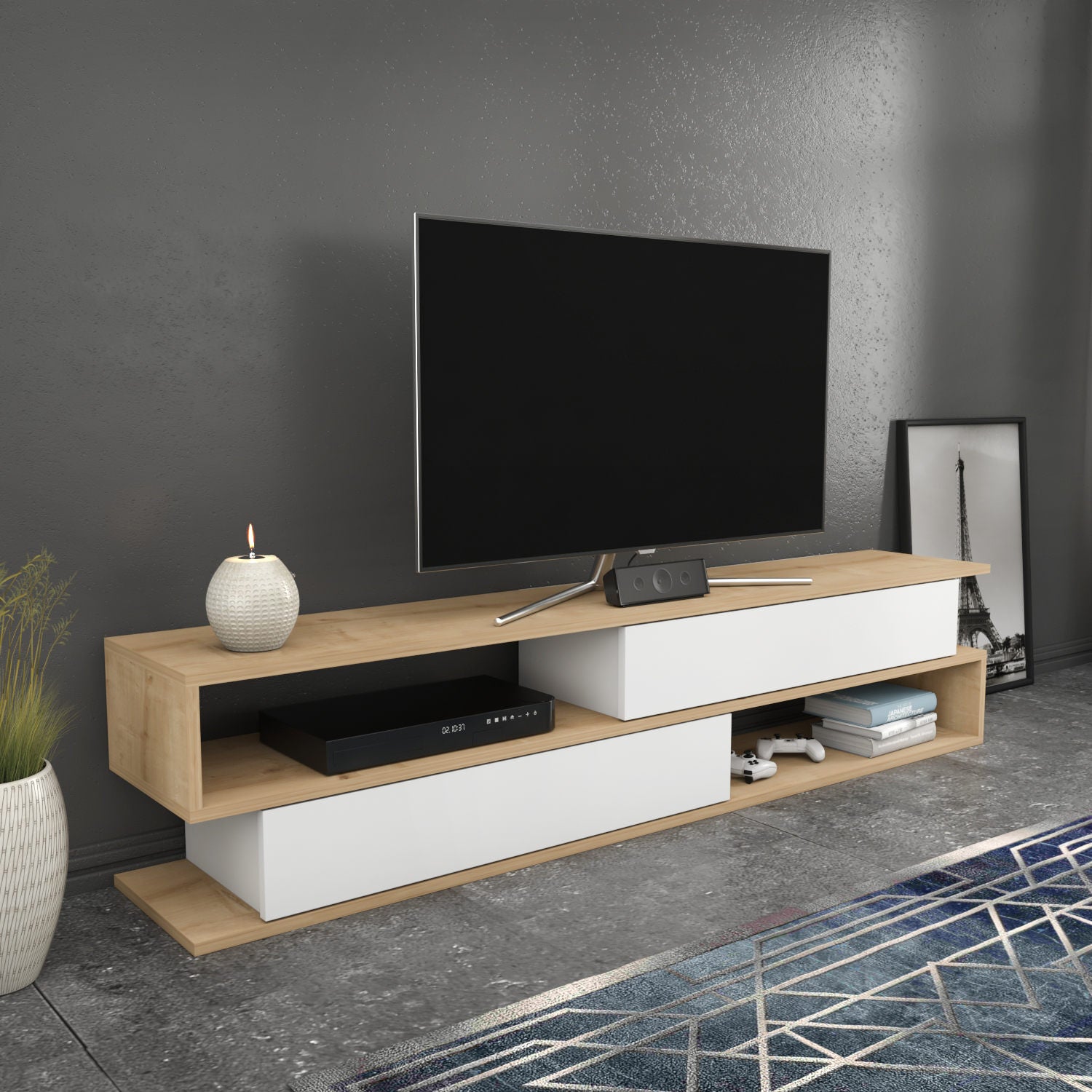 Móvel de TV escandinavo, carvalho e branco, 160 cm x 35,3 cm x 38,6 cm | Painel de partículas 100% revestido de melamina, 18 mm de espessura | Design elegante e funcional para salas de estar modernas