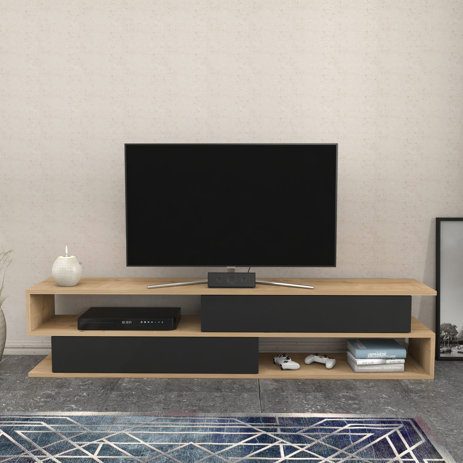 Móvel de TV elegante, carvalho e antracite, 160 x 35,3 x 38,6 cm | Painel de partículas 100% revestido de melamina, 18 mm de espessura | Design moderno para salas de estar e espaços de entretenimento