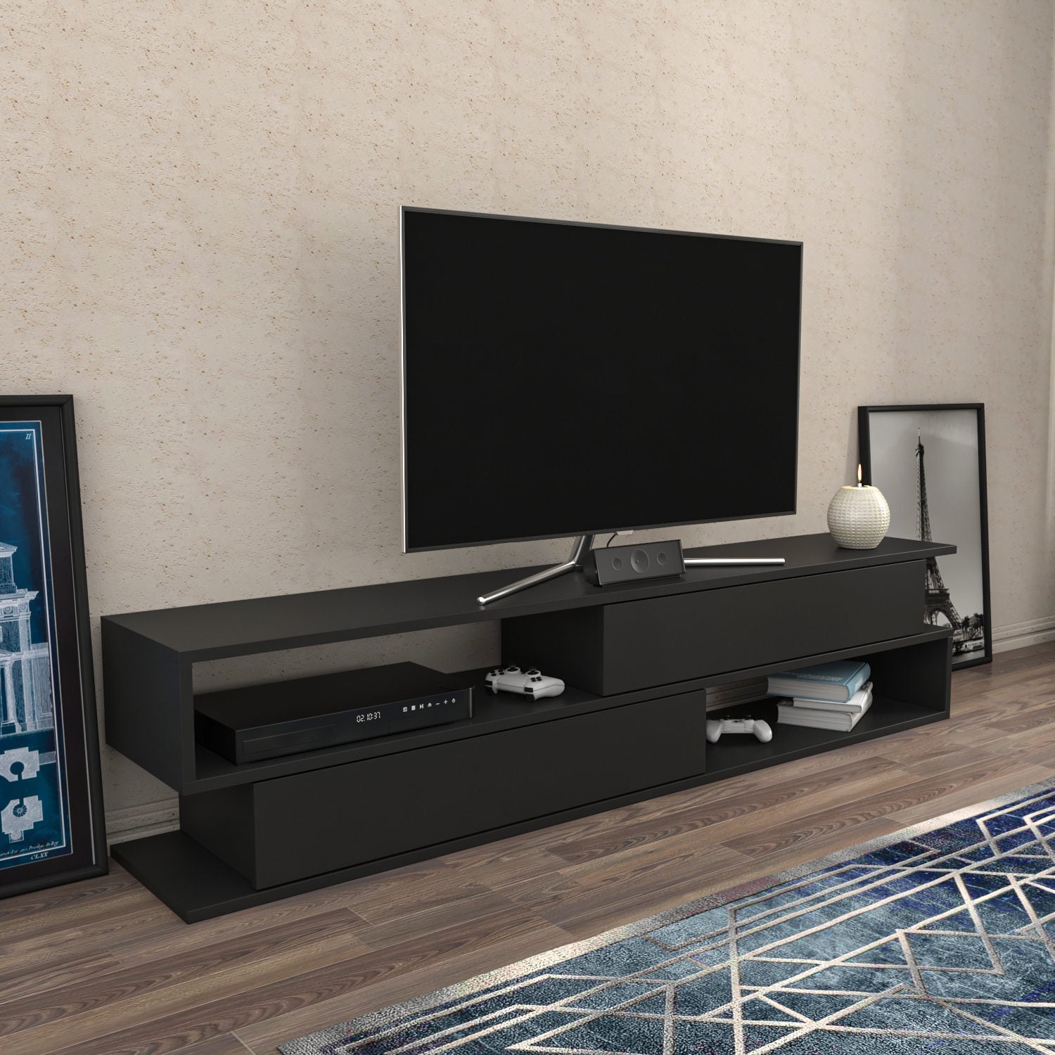 Móvel de TV elegante, antracite, 160 x 35,3 x 38,6 cm | Painel de partículas 100% revestido de melamina, 18 mm de espessura | Design moderno para salas de estar e espaços de entretenimento