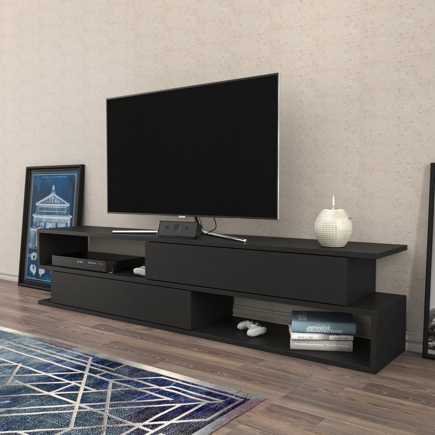 Móvel de TV elegante, antracite, 160 x 35,3 x 38,6 cm | Painel de partículas 100% revestido de melamina, 18 mm de espessura | Design moderno para salas de estar e espaços de entretenimento