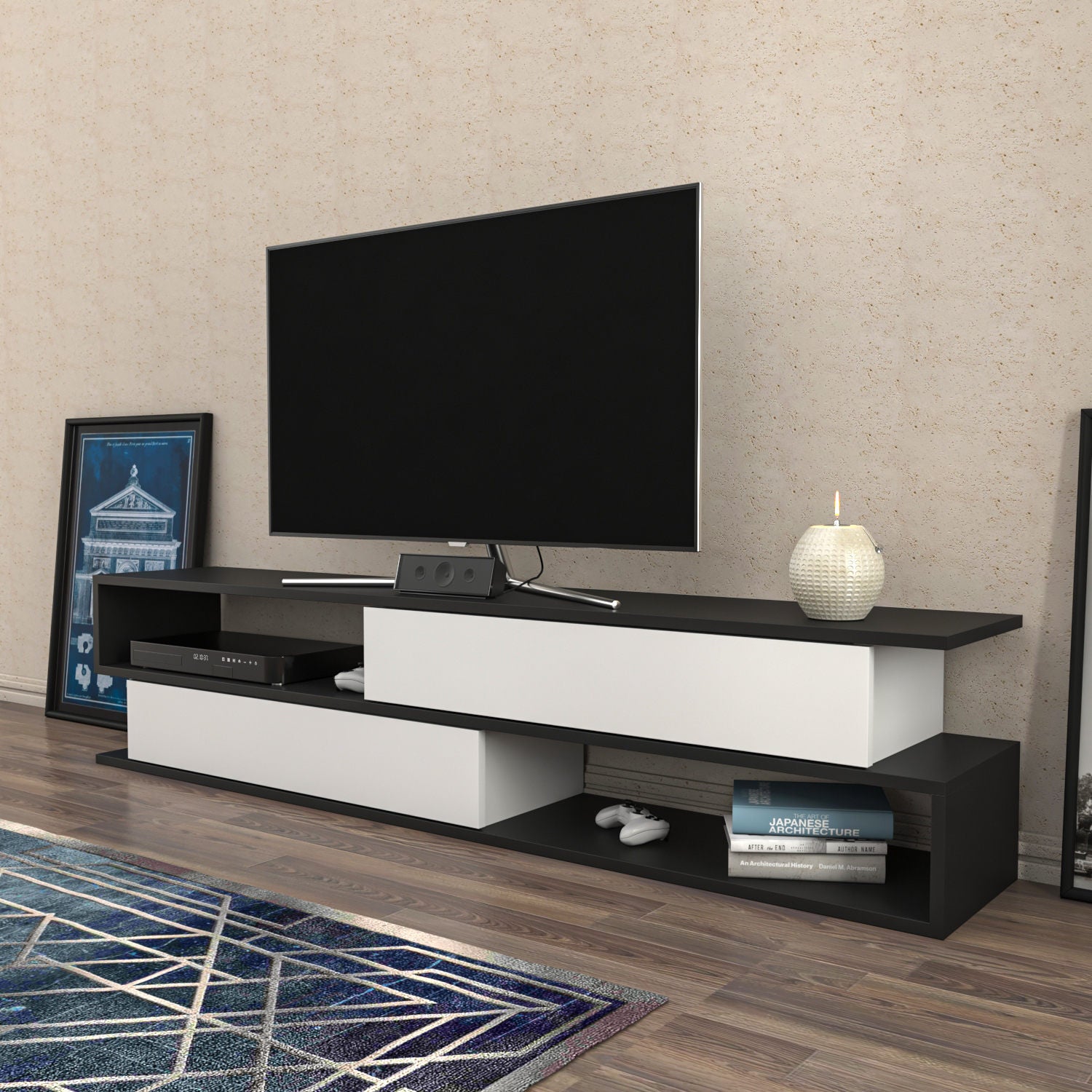 Móvel de TV elegante, antracite e branco, 160 x 35,3 x 38,6 cm | Painel de partículas 100% revestido de melamina, 18 mm de espessura | Design moderno para salas de estar e espaços de entretenimento