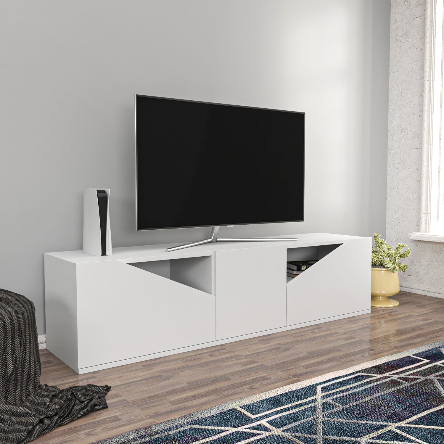 Móvel de TV escandinavo, branco, 160 x 35,3 x 40 cm | Painel de partículas 100% revestido em melamina, 18 mm de espessura | Elegante e funcional para salas de estar modernas