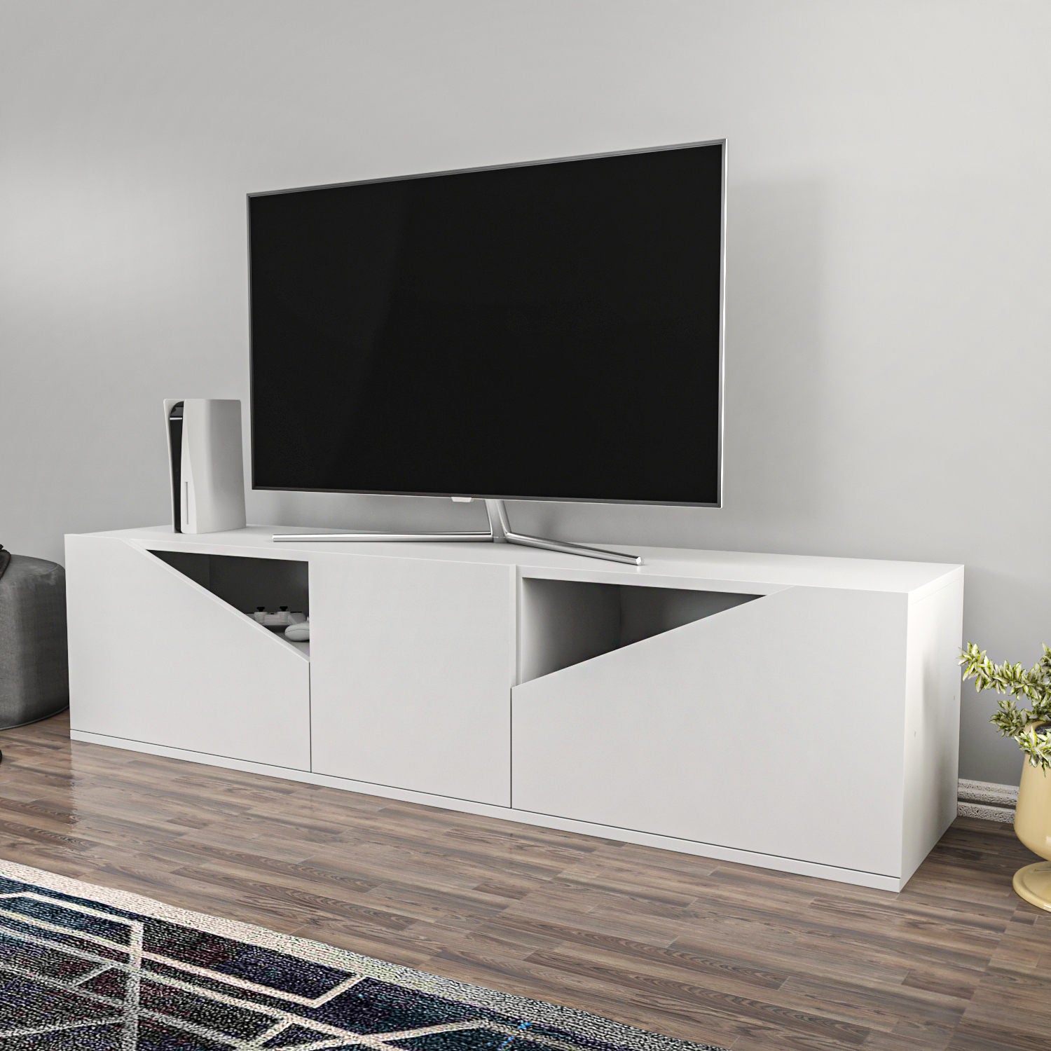 Móvel de TV escandinavo, branco, 160 x 35,3 x 40 cm | Painel de partículas 100% revestido em melamina, 18 mm de espessura | Elegante e funcional para salas de estar modernas