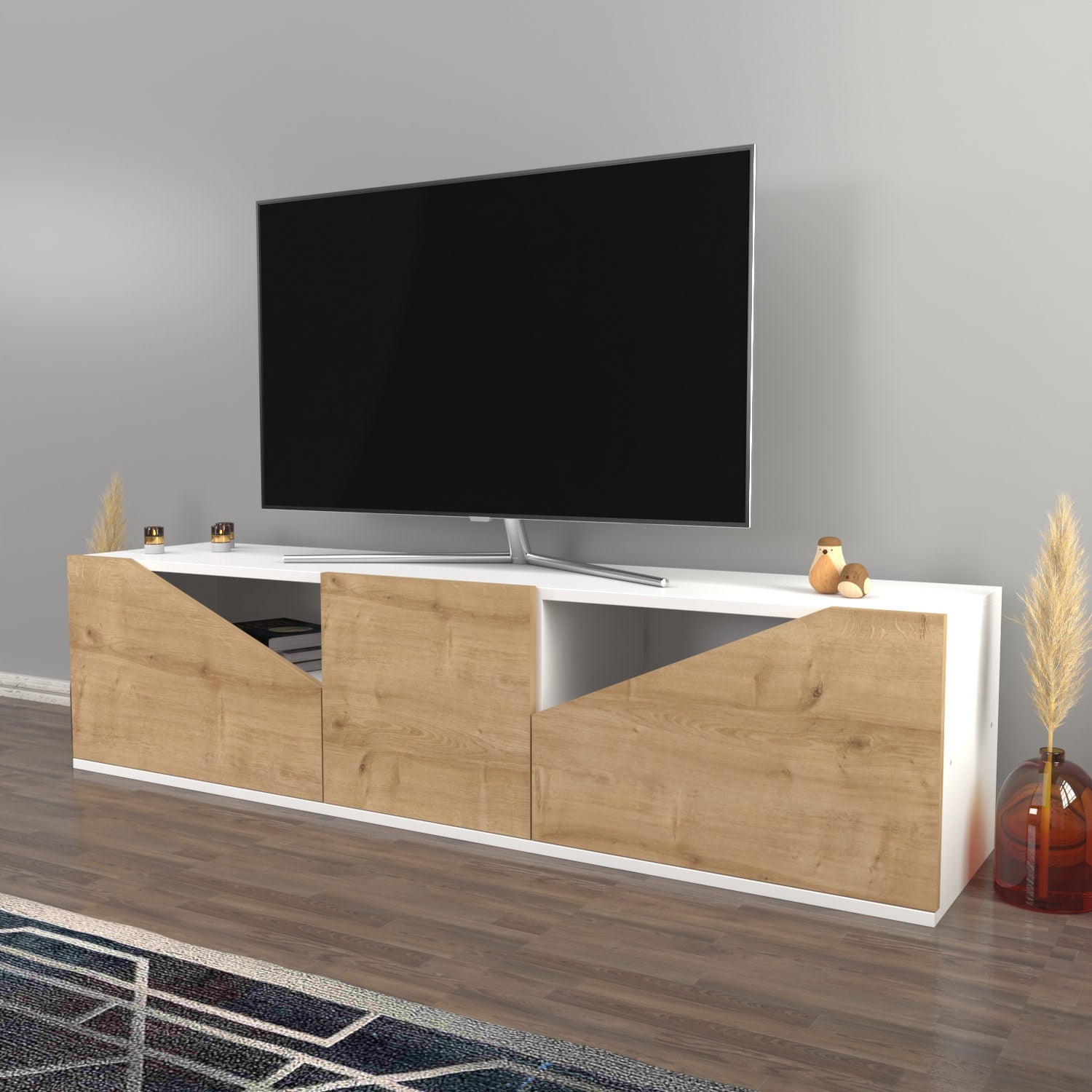 Móvel de TV escandinavo, branco e carvalho, 160 x 35,3 x 40 cm | Painel de partículas 100% revestido de melamina, 18 mm de espessura | Elegante e funcional para salas de estar modernas
