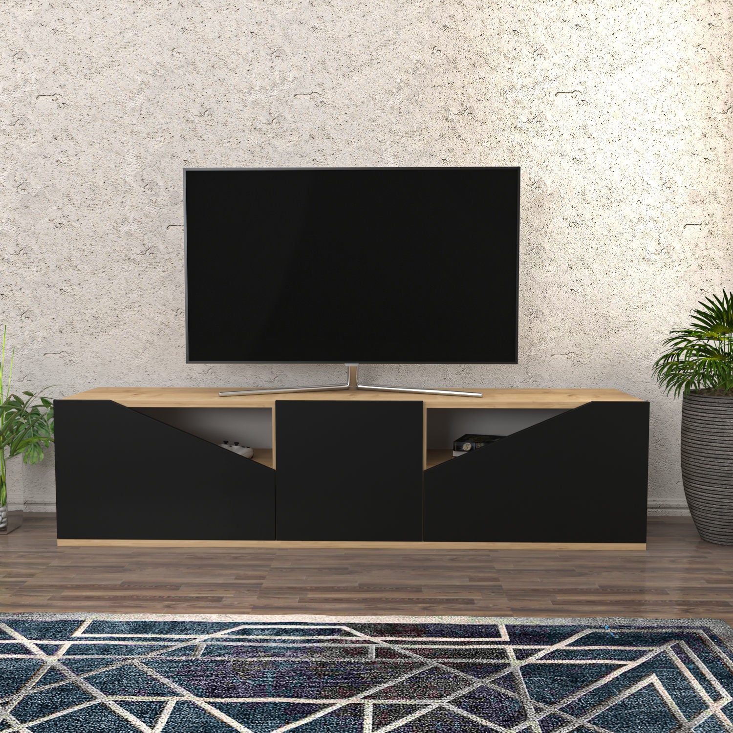 Móvel de TV escandinavo, carvalho e antracite, 160 cm x 35,3 cm x 40 cm | Painel de partículas 100% revestido de melamina, 18 mm de espessura | Design elegante e funcional para salas de estar modernas