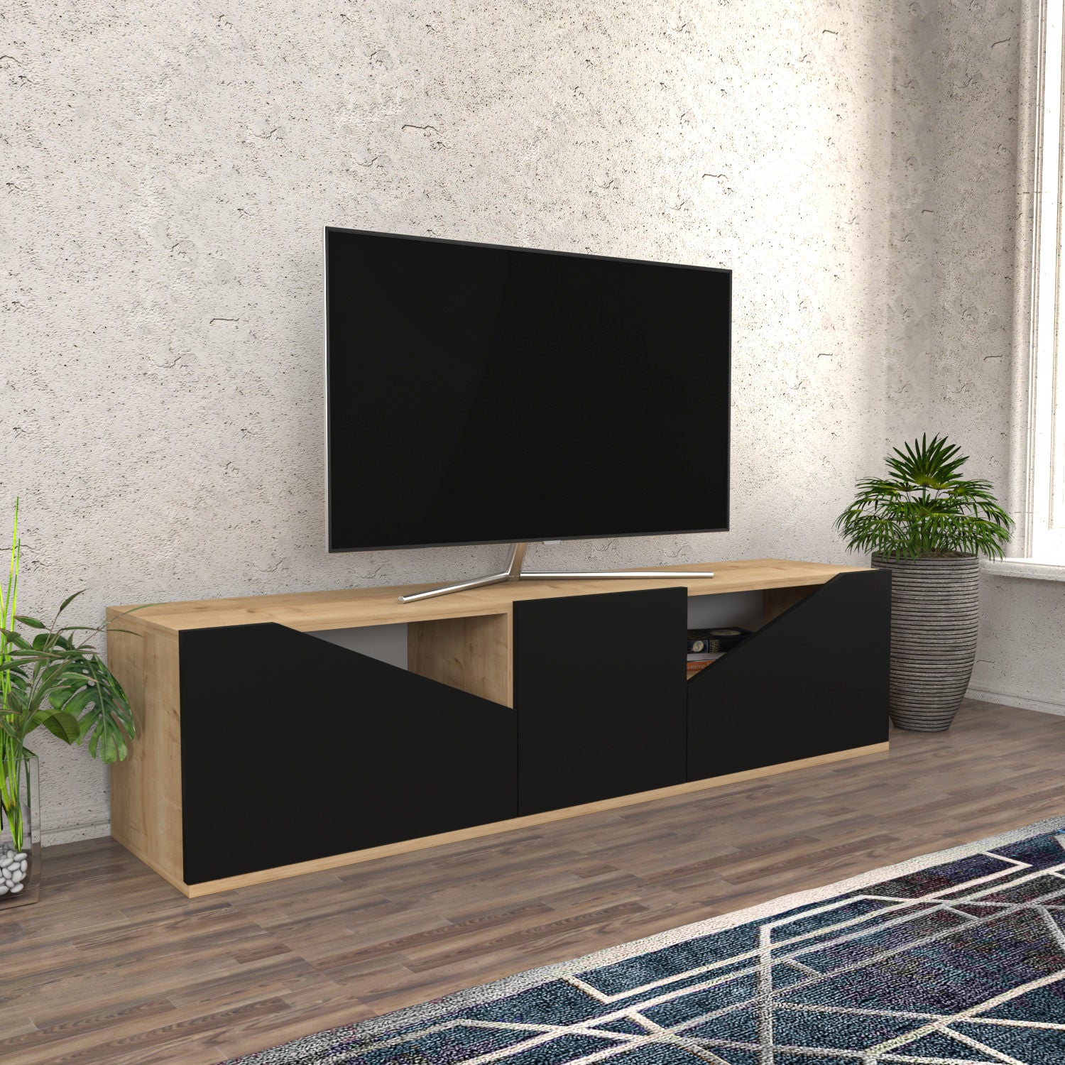 Móvel de TV escandinavo, carvalho e antracite, 160 cm x 35,3 cm x 40 cm | Painel de partículas 100% revestido de melamina, 18 mm de espessura | Design elegante e funcional para salas de estar modernas