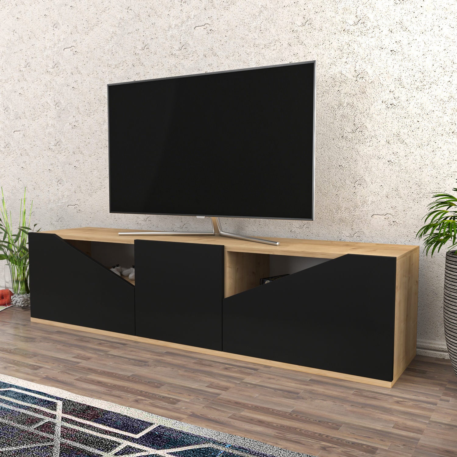 Móvel de TV escandinavo, carvalho e antracite, 160 cm x 35,3 cm x 40 cm | Painel de partículas 100% revestido de melamina, 18 mm de espessura | Design elegante e funcional para salas de estar modernas