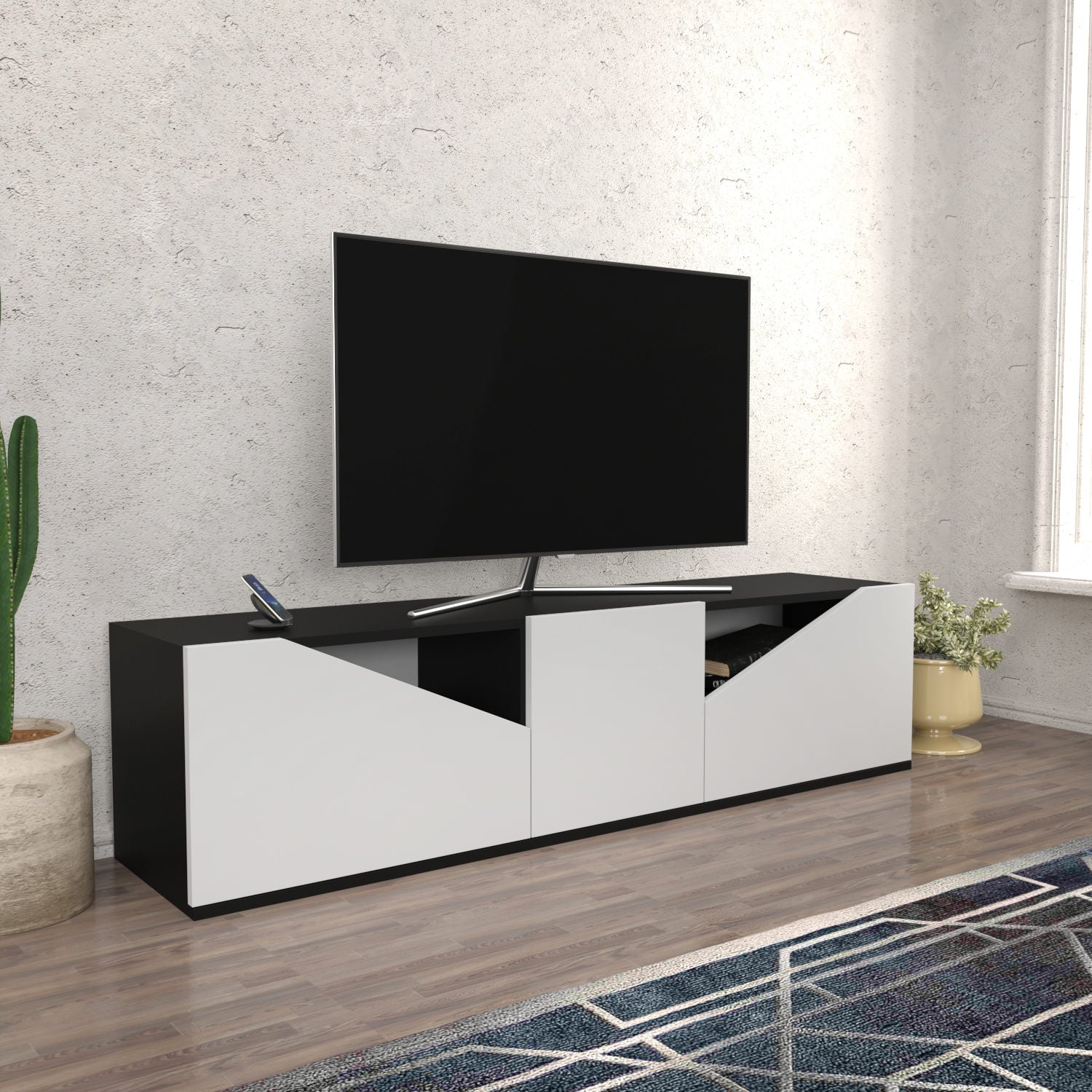 Móvel de TV escandinavo, antracite e branco, 160 cm x 35,3 cm x 40 cm | Painel de partículas 100% revestido de melamina, 18 mm de espessura | Design elegante e funcional para salas de estar modernas