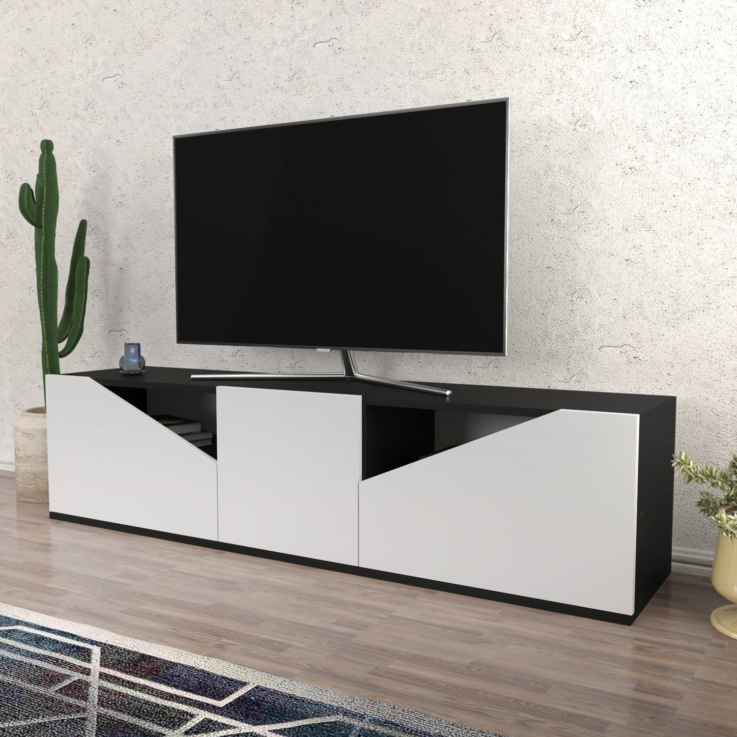 Móvel de TV escandinavo, antracite e branco, 160 cm x 35,3 cm x 40 cm | Painel de partículas 100% revestido de melamina, 18 mm de espessura | Design elegante e funcional para salas de estar modernas