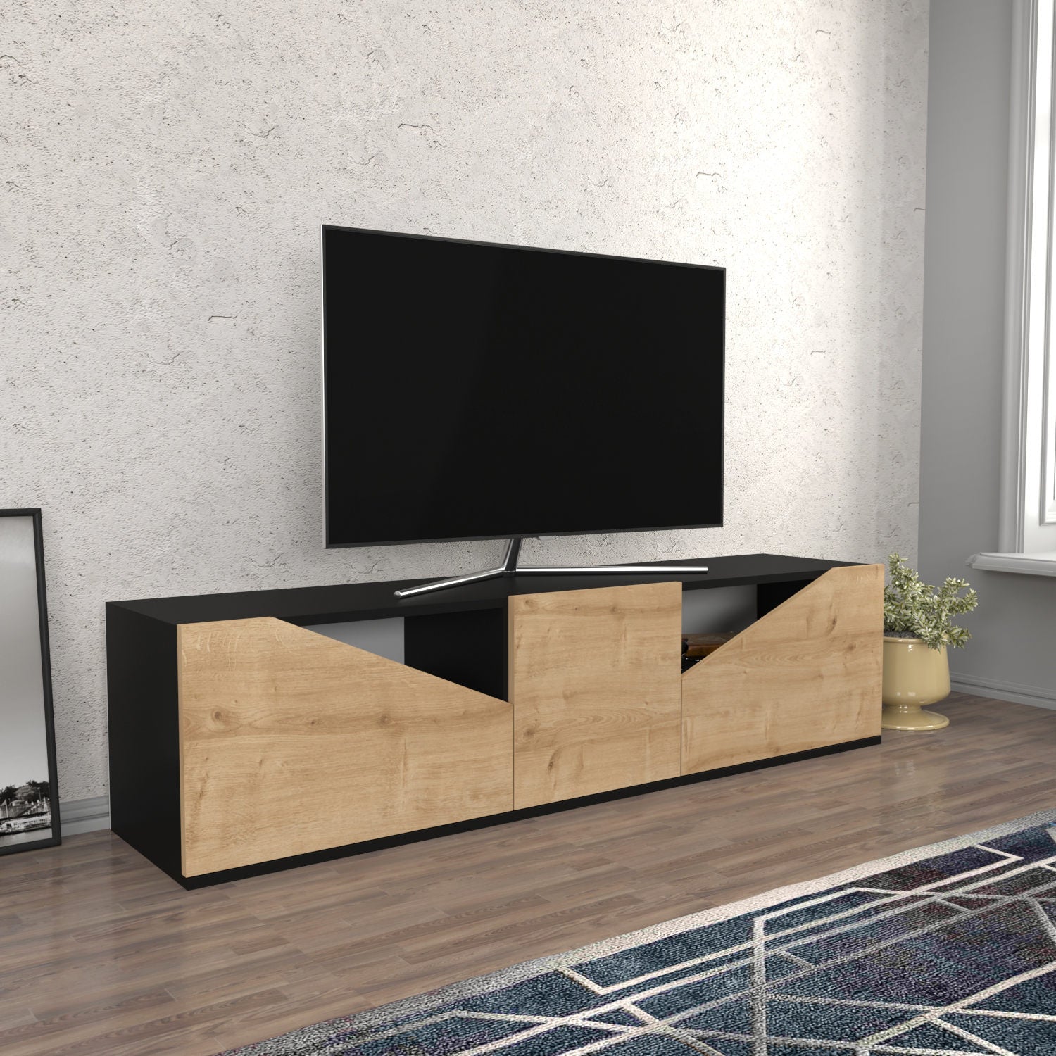 Móvel de TV escandinavo, antracite e carvalho, 160 x 35,3 x 40 cm | Painel de partículas 100% revestido de melamina, 18 mm de espessura | Design elegante e funcional para salas de estar modernas