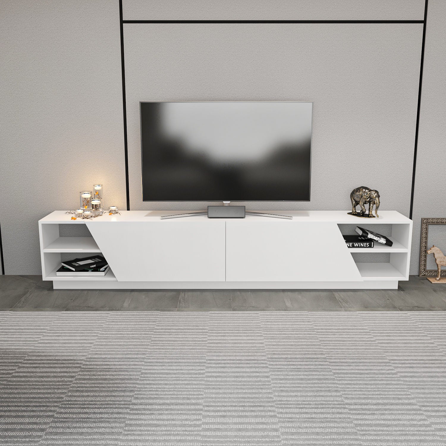 Móvel de TV escandinavo, branco, 240 x 37,1 x 47,4 cm | Painel de partículas 100% revestido de melamina, 18 mm de espessura | Elegante e funcional para salas de estar modernas