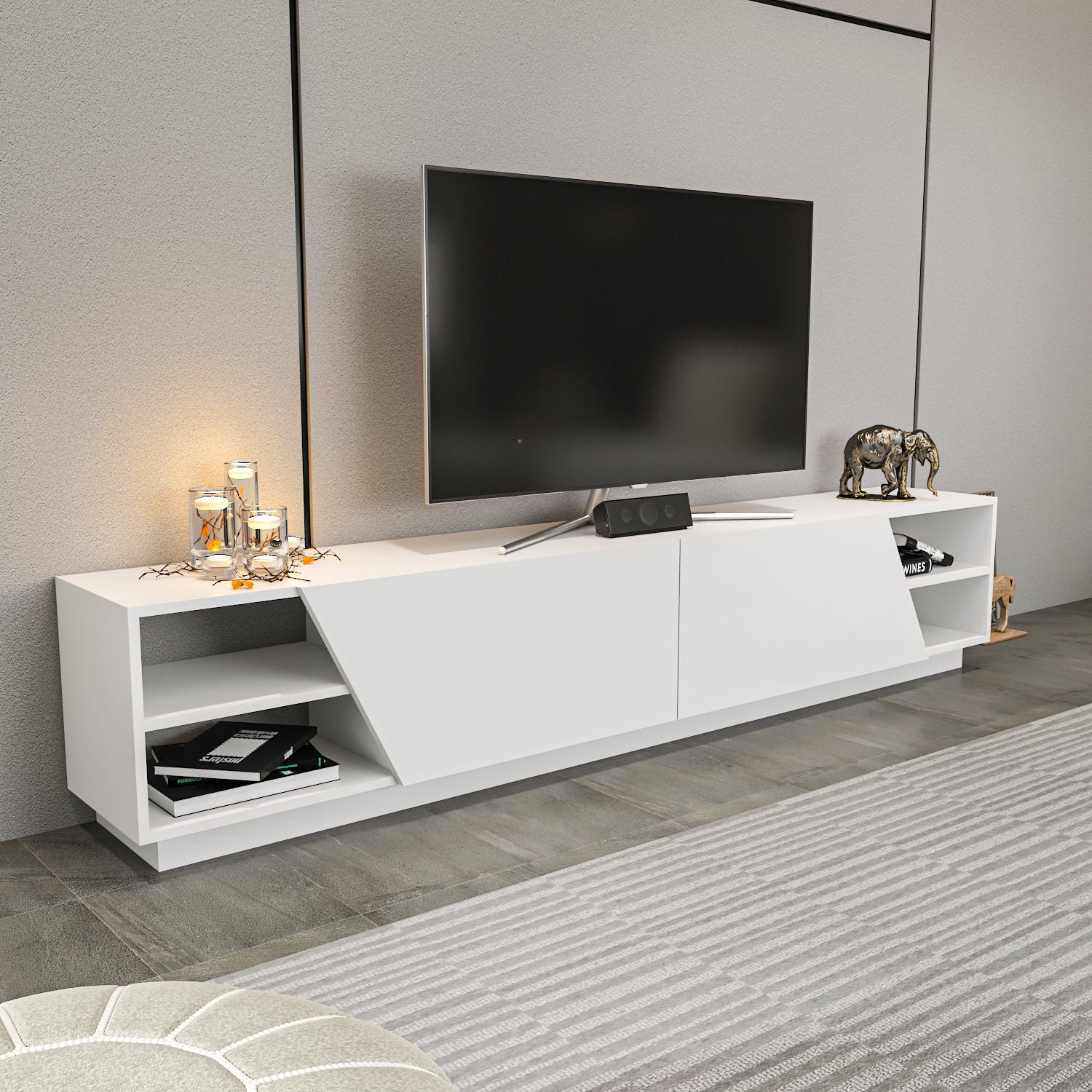 Móvel de TV escandinavo, branco, 240 x 37,1 x 47,4 cm | Painel de partículas 100% revestido de melamina, 18 mm de espessura | Elegante e funcional para salas de estar modernas