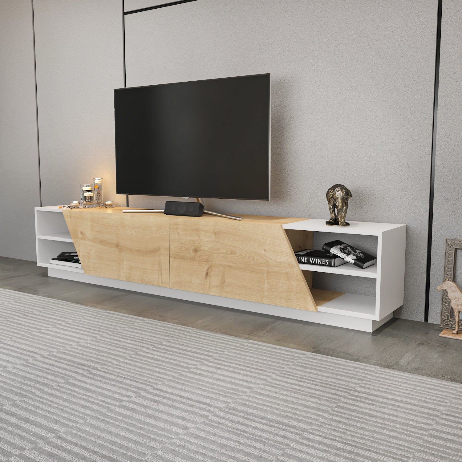 Móvel de TV escandinavo, branco e carvalho, 240 cm x 37,1 cm x 47,4 cm | Painel de partículas 100% revestido de melamina, 18 mm de espessura | Design elegante e funcional para salas de estar modernas