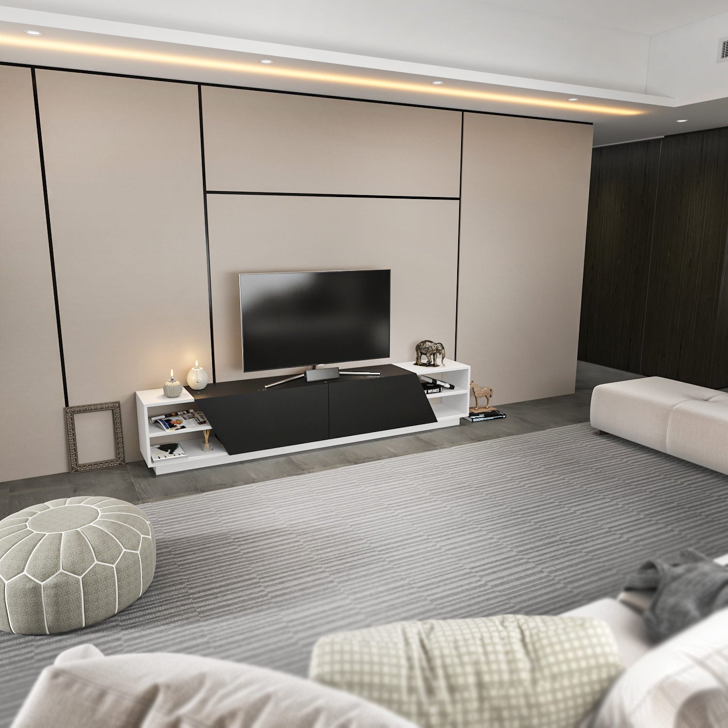 Móvel de TV escandinavo, 240 cm, branco e antracite | Painel de partículas 100% revestido de melamina, 18 mm de espessura | Elegante e funcional para salas de estar modernas