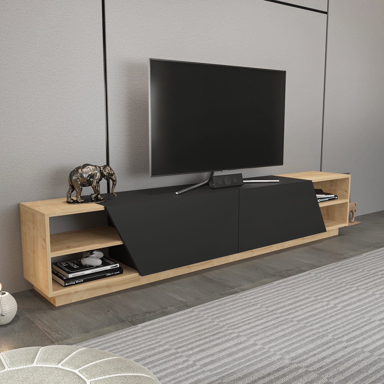 Móvel de TV escandinavo, carvalho e antracite, 240 x 37,1 x 47,4 cm | Painel de partículas 100% revestido de melamina, 18 mm de espessura | Design elegante e funcional para salas de estar modernas