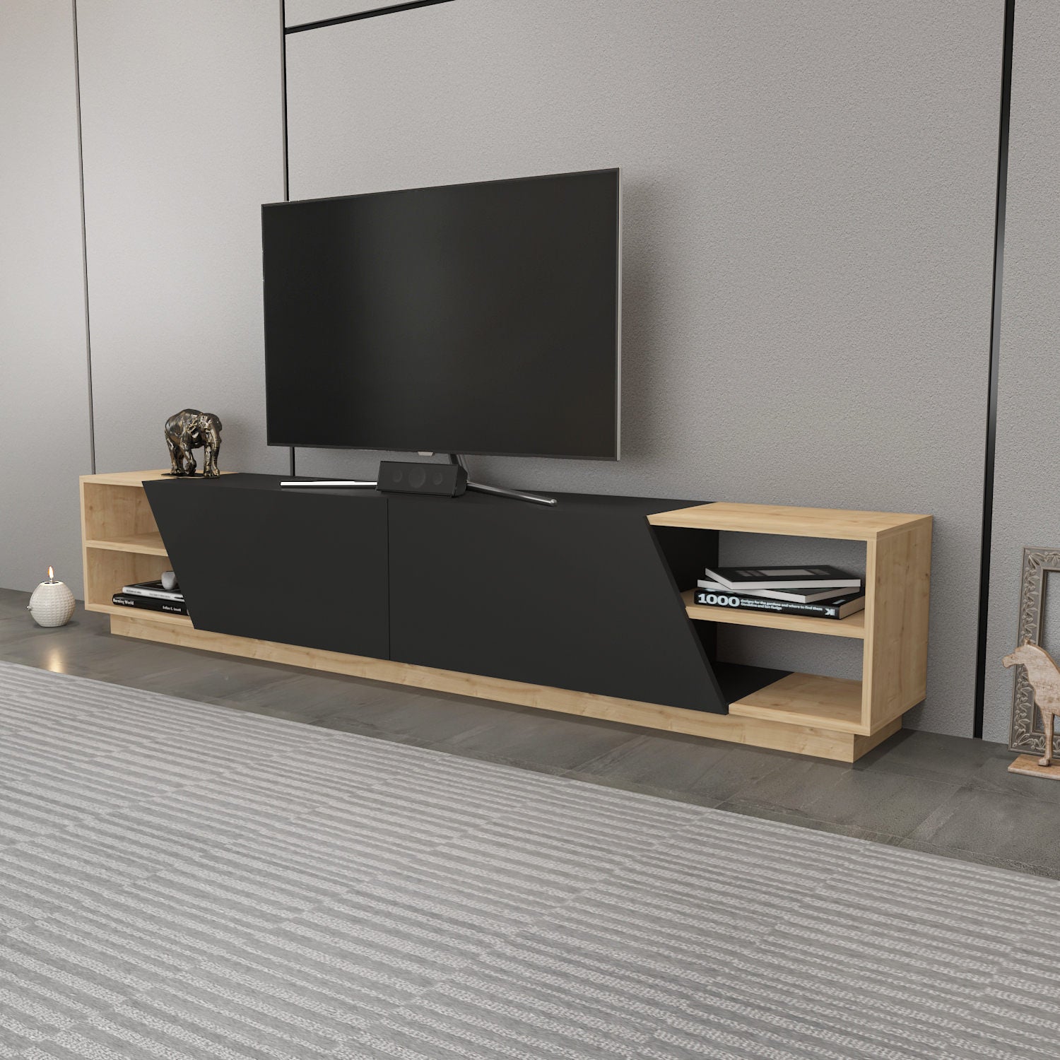 Móvel de TV escandinavo, carvalho e antracite, 240 x 37,1 x 47,4 cm | Painel de partículas 100% revestido de melamina, 18 mm de espessura | Design elegante e funcional para salas de estar modernas