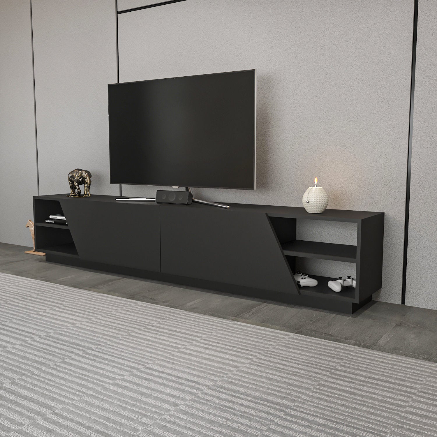 Móvel de TV escandinavo, antracite, 240 x 37,1 x 47,4 cm | Painel de partículas 100% revestido de melamina, 18 mm de espessura | Elegante e funcional para salas de estar modernas