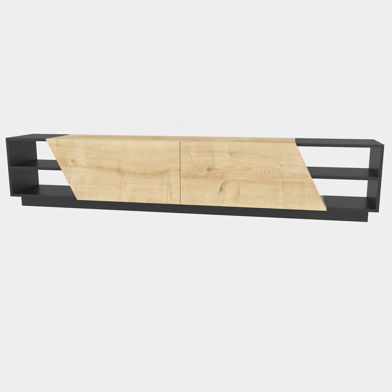 Móvel de TV escandinavo, 240 cm, antracite e carvalho | Painel de partículas 100% revestido com melamina, 18 mm de espessura | Elegante e funcional para salas de estar modernas