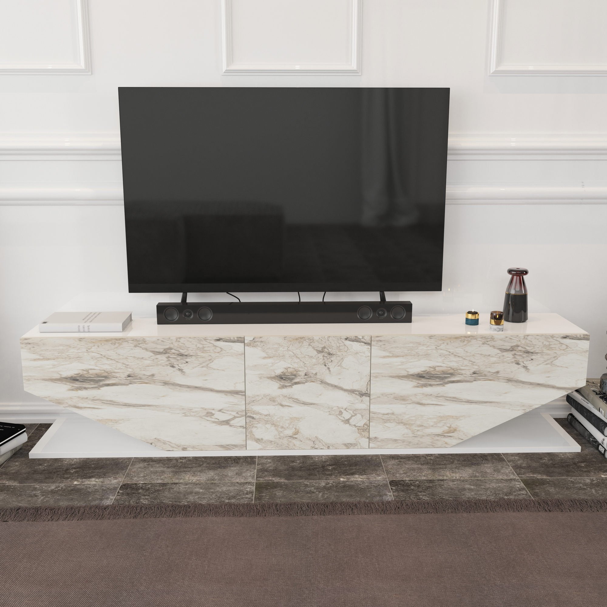 Móvel de TV moderno, branco e mármore, 180 x 30 x 45 cm | Painel de partículas 100% revestido em melamina, 18 mm de espessura | Design elegante em antracite para salas de estar contemporâneas