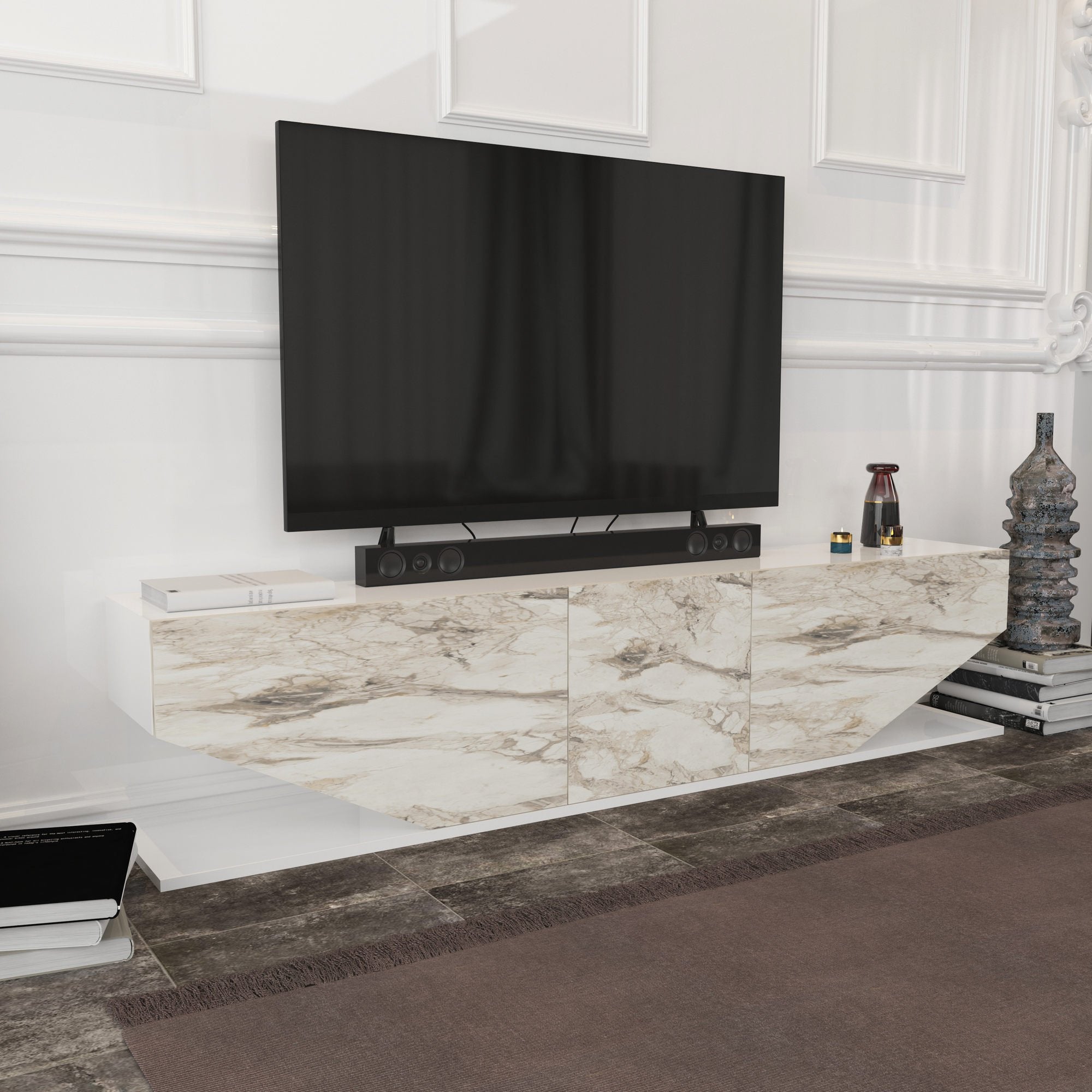 Móvel de TV moderno, branco e mármore, 180 x 30 x 45 cm | Painel de partículas 100% revestido em melamina, 18 mm de espessura | Design elegante em antracite para salas de estar contemporâneas