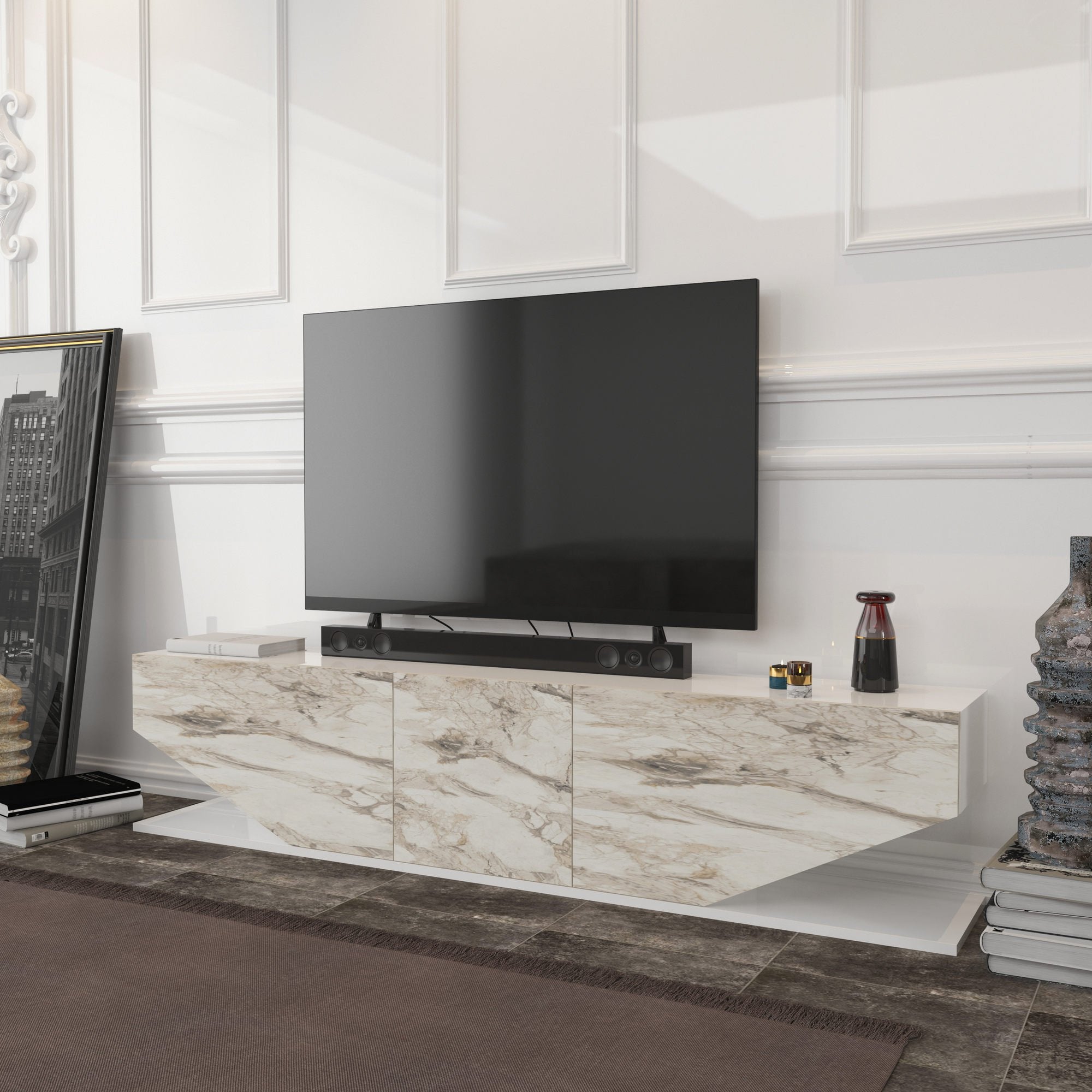 Móvel de TV moderno, branco e mármore, 180 x 30 x 45 cm | Painel de partículas 100% revestido em melamina, 18 mm de espessura | Design elegante em antracite para salas de estar contemporâneas