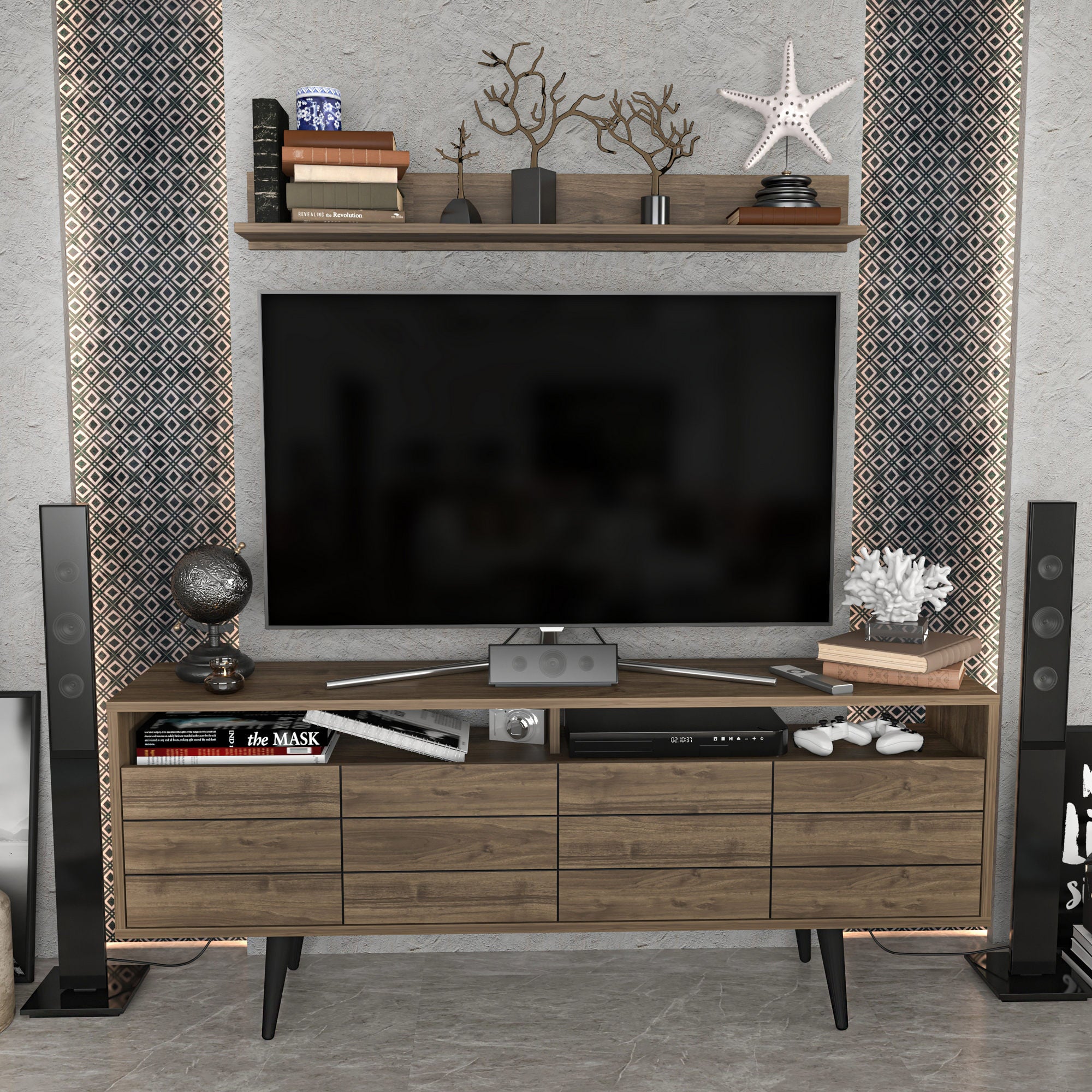 Móvel de TV elegante em nogueira, 160 cm x 35 cm x 64,5 cm | Painel de partículas 100% revestido em melamina, 18 mm de espessura | Perfeito para salas de estar e espaços de entretenimento modernos