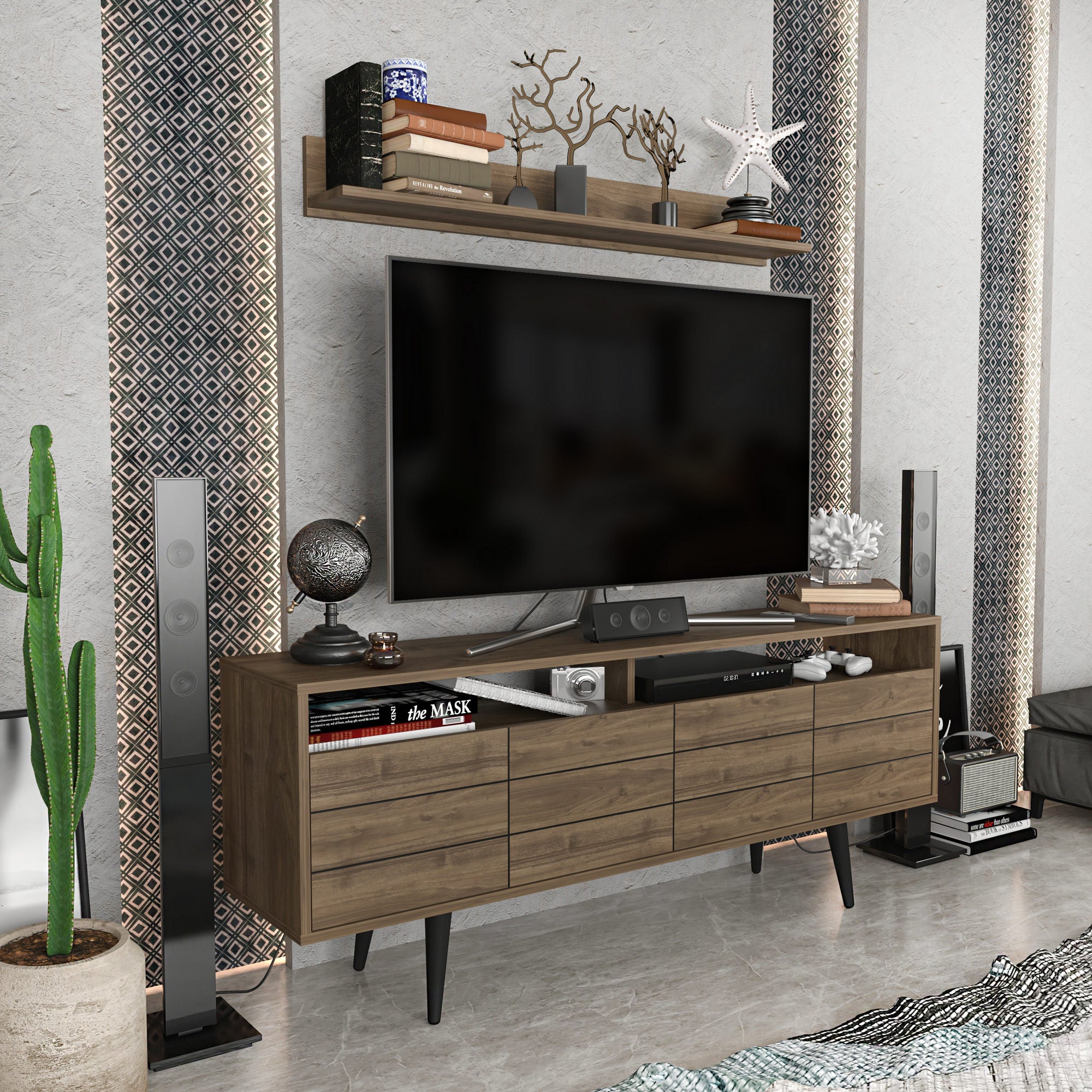 Móvel de TV elegante em nogueira, 160 cm x 35 cm x 64,5 cm | Painel de partículas 100% revestido em melamina, 18 mm de espessura | Perfeito para salas de estar e espaços de entretenimento modernos