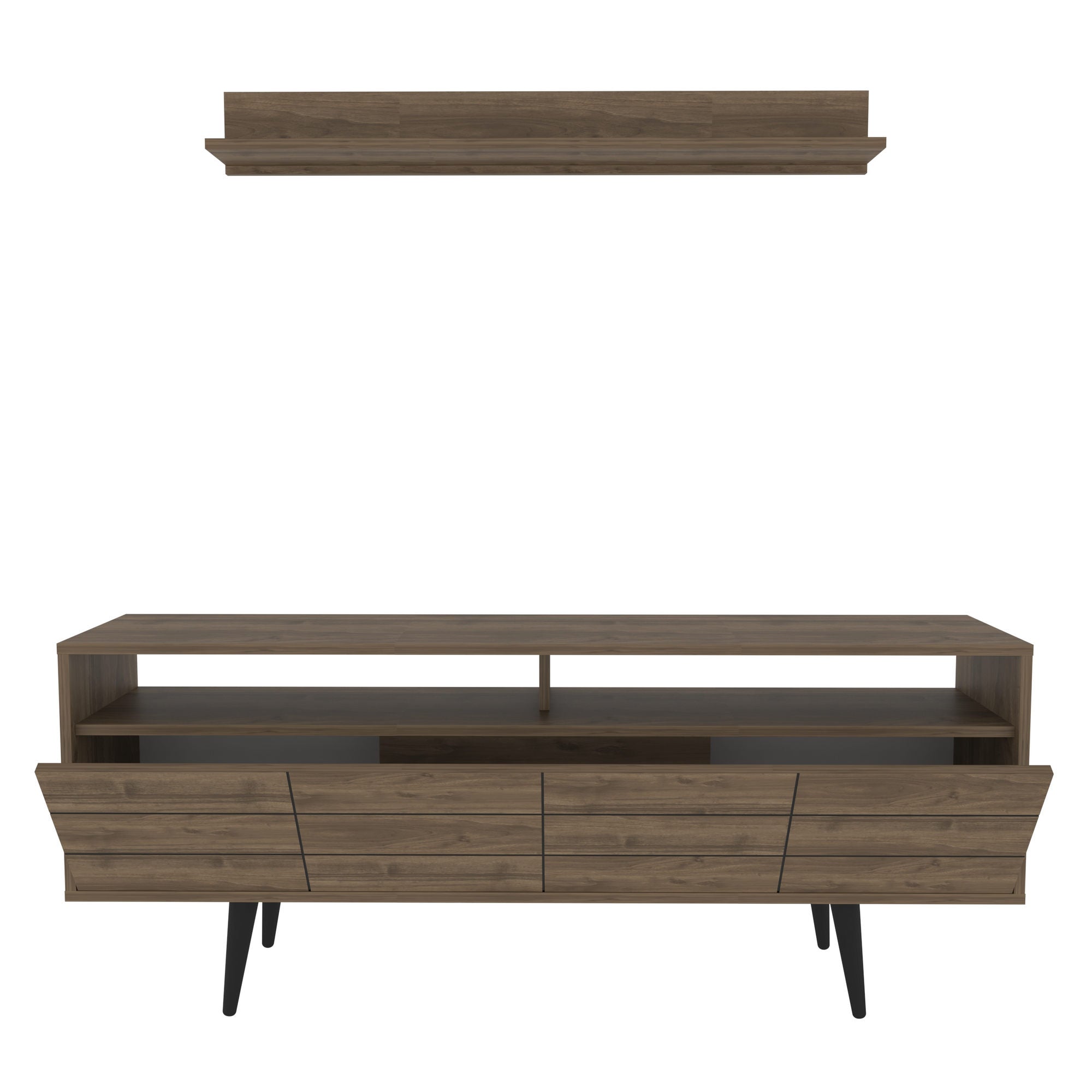 Móvel de TV elegante em nogueira, 160 cm x 35 cm x 64,5 cm | Painel de partículas 100% revestido em melamina, 18 mm de espessura | Perfeito para salas de estar e espaços de entretenimento modernos
