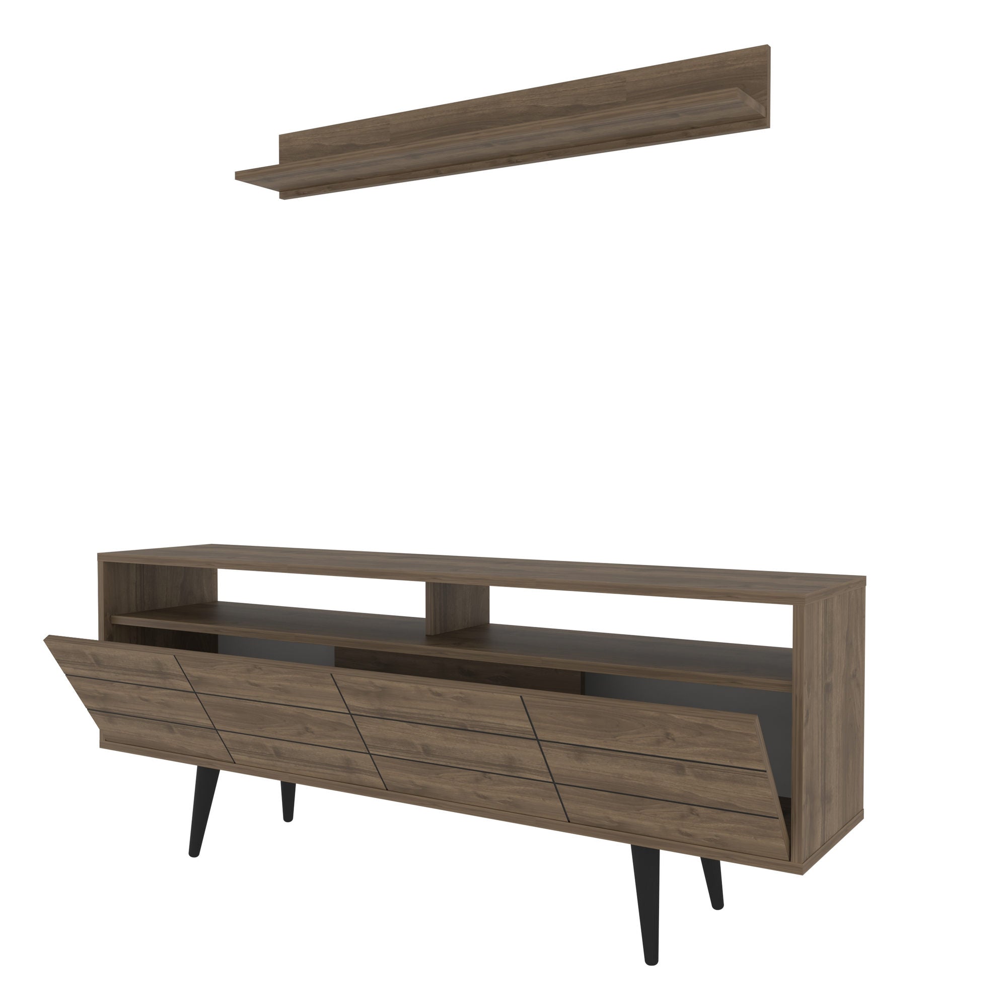 Móvel de TV elegante em nogueira, 160 cm x 35 cm x 64,5 cm | Painel de partículas 100% revestido em melamina, 18 mm de espessura | Perfeito para salas de estar e espaços de entretenimento modernos