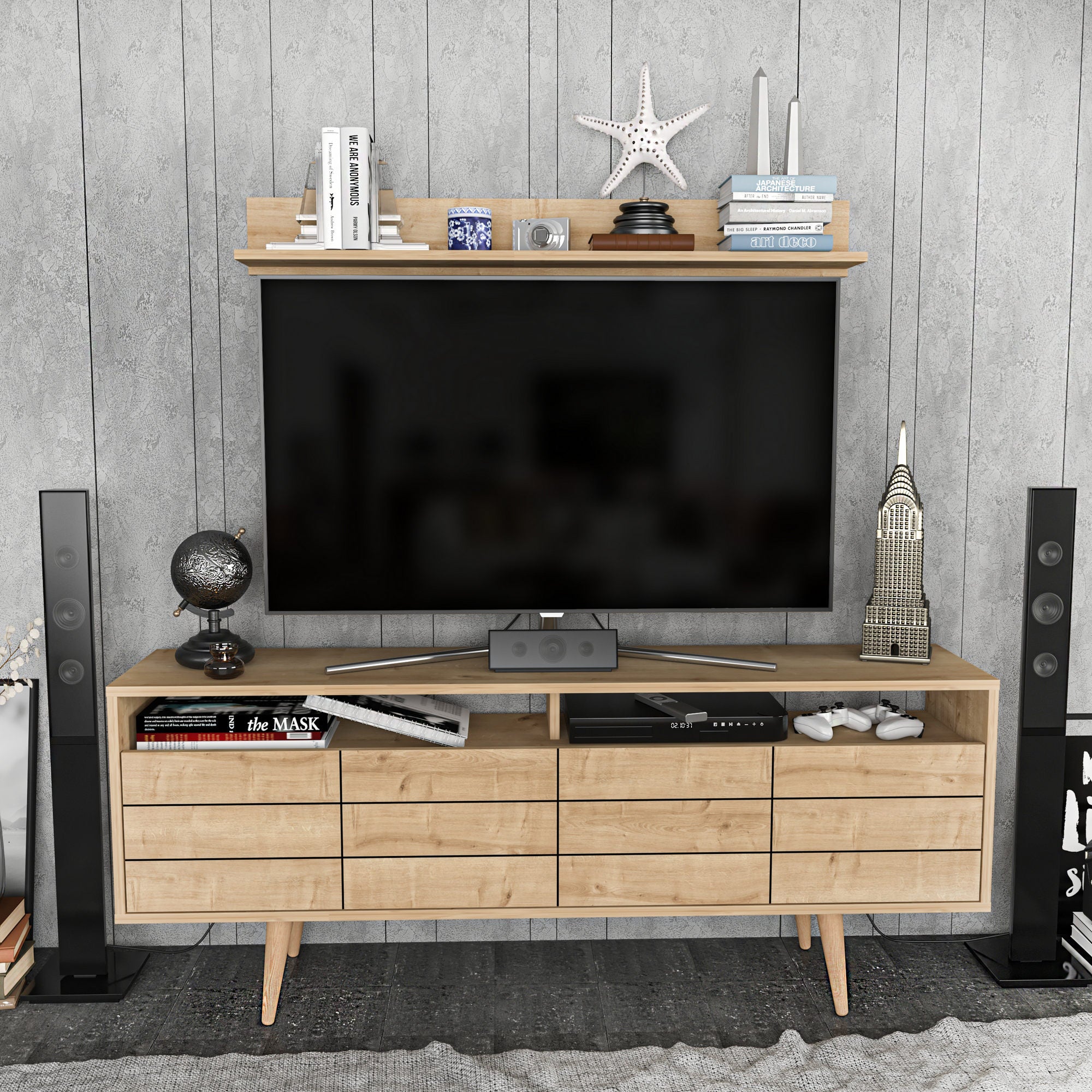 Móvel de TV Sapphire, 160 cm x 35 cm x 64,5 cm | Painel de partículas 100% revestido em melamina, 18 mm de espessura | Armazenamento elegante e funcional para salas de estar modernas